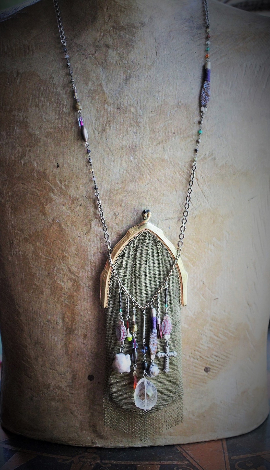 The Bohemian Life Necklace with Antique Whiting & Davis Mesh Pouch, Multiple Dangles & Findings, Antique Fiancee Compact, Faceted Sterling Wire Wrapped Chain Fragments