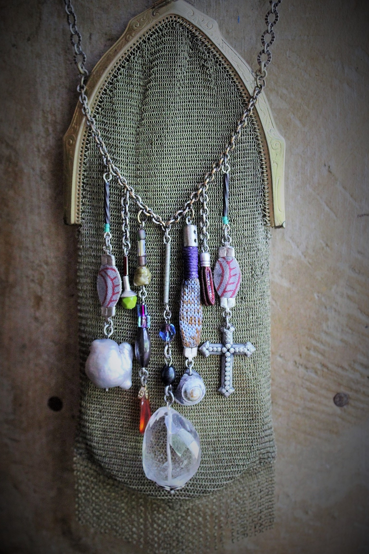 The Bohemian Life Necklace with Antique Whiting & Davis Mesh Pouch, Multiple Dangles & Findings, Antique Fiancee Compact, Faceted Sterling Wire Wrapped Chain Fragments