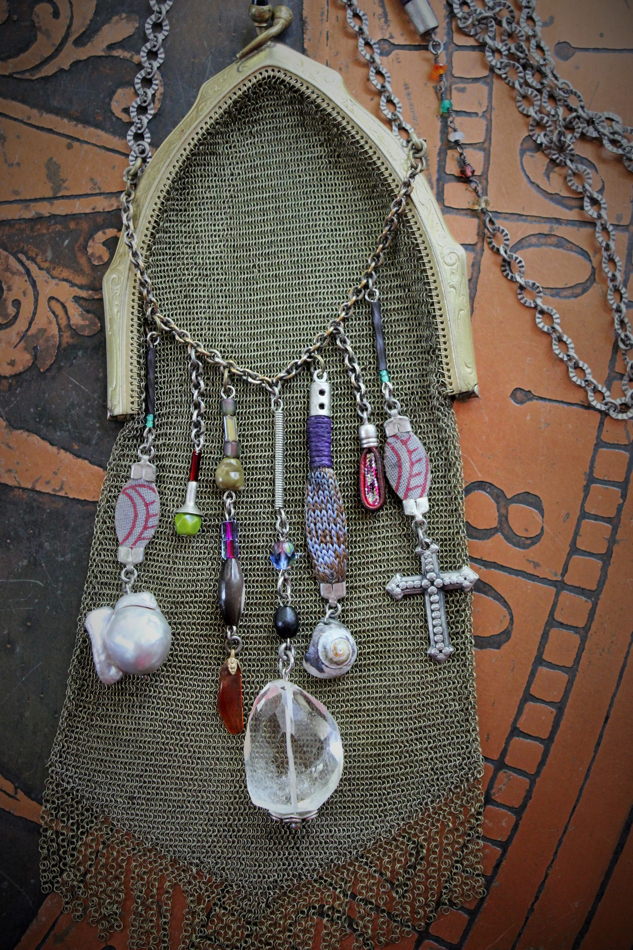 The Bohemian Life Necklace with Antique Whiting & Davis Mesh Pouch, Multiple Dangles & Findings, Antique Fiancee Compact, Faceted Sterling Wire Wrapped Chain Fragments