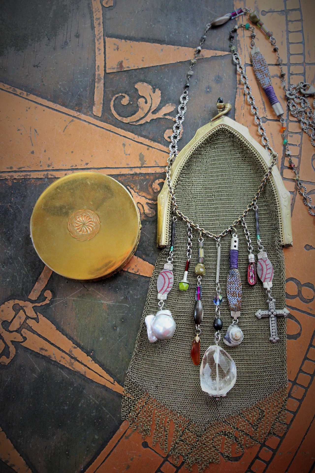 The Bohemian Life Necklace with Antique Whiting & Davis Mesh Pouch, Multiple Dangles & Findings, Antique Fiancee Compact, Faceted Sterling Wire Wrapped Chain Fragments