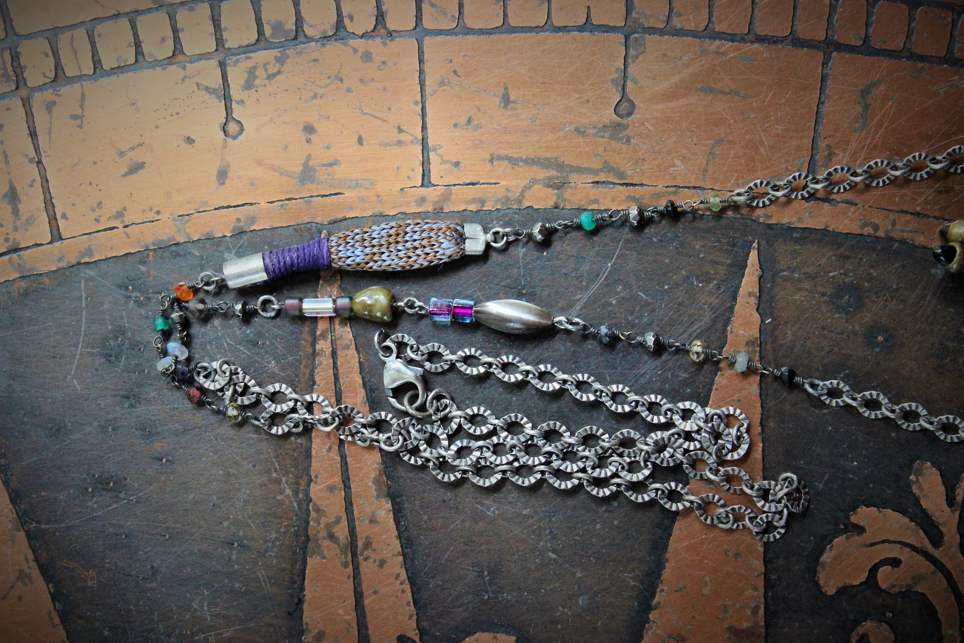 The Bohemian Life Necklace with Antique Whiting & Davis Mesh Pouch, Multiple Dangles & Findings, Antique Fiancee Compact, Faceted Sterling Wire Wrapped Chain Fragments