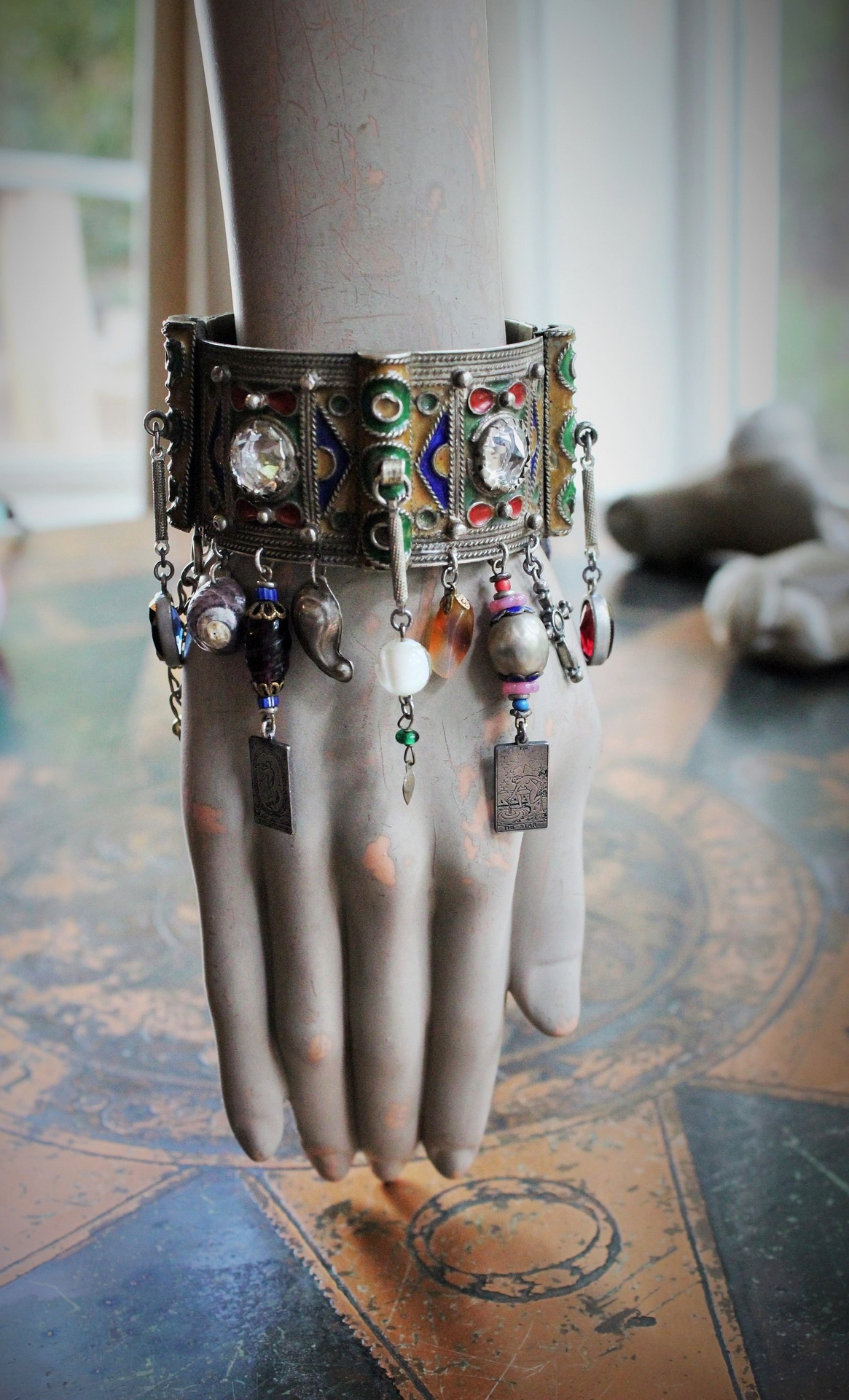 Antique Kuchi Gypsy Cuff Bracelet with 4 Sterling Tarot Medals, Antique Art Glass Bead &  Findings, Multiple Drops & Dangles