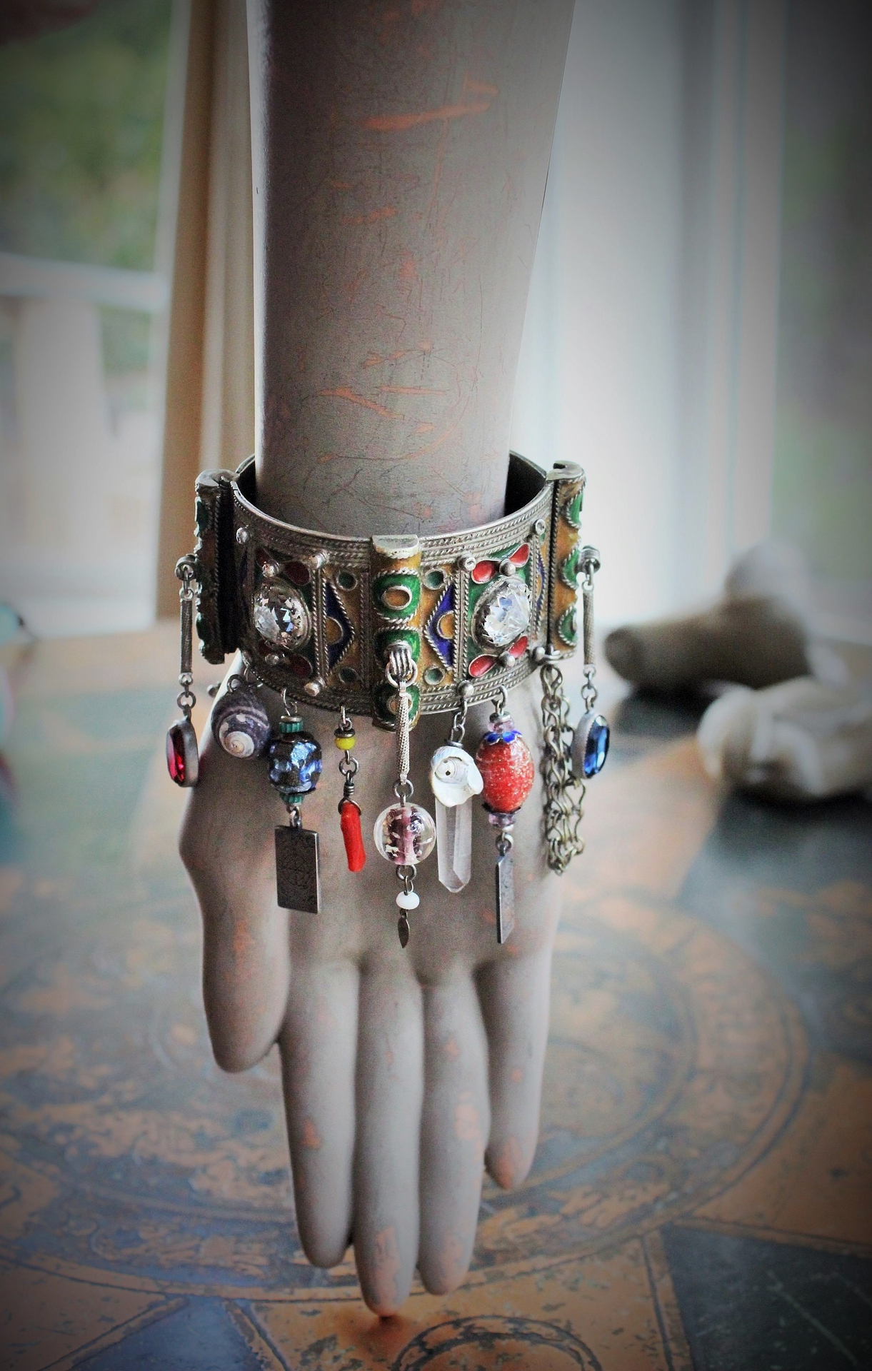 Antique Kuchi Gypsy Cuff Bracelet with 4 Sterling Tarot Medals, Antique Art Glass Bead &  Findings, Multiple Drops & Dangles