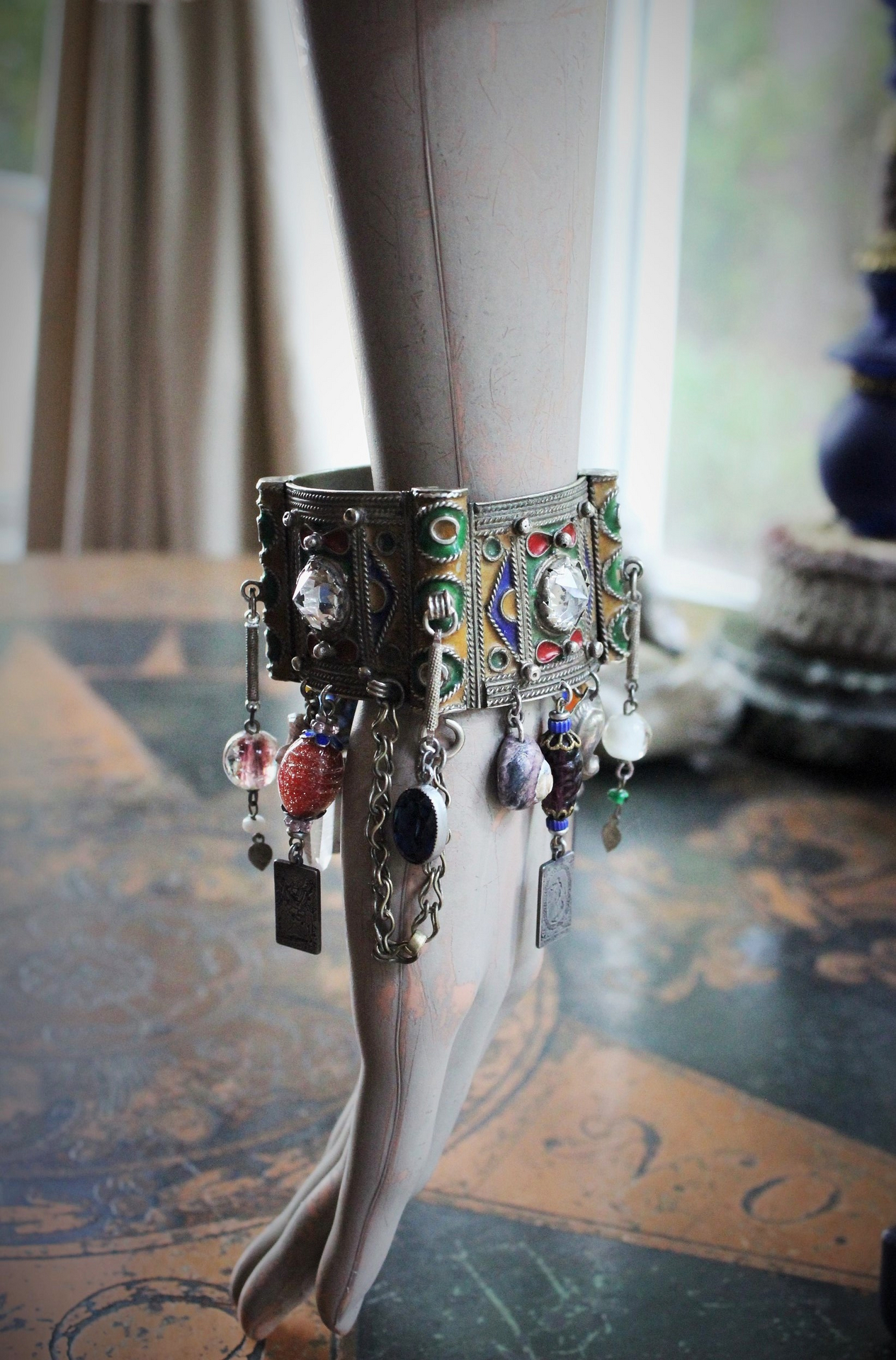 Antique Kuchi Gypsy Cuff Bracelet with 4 Sterling Tarot Medals, Antique Art Glass Bead &  Findings, Multiple Drops & Dangles