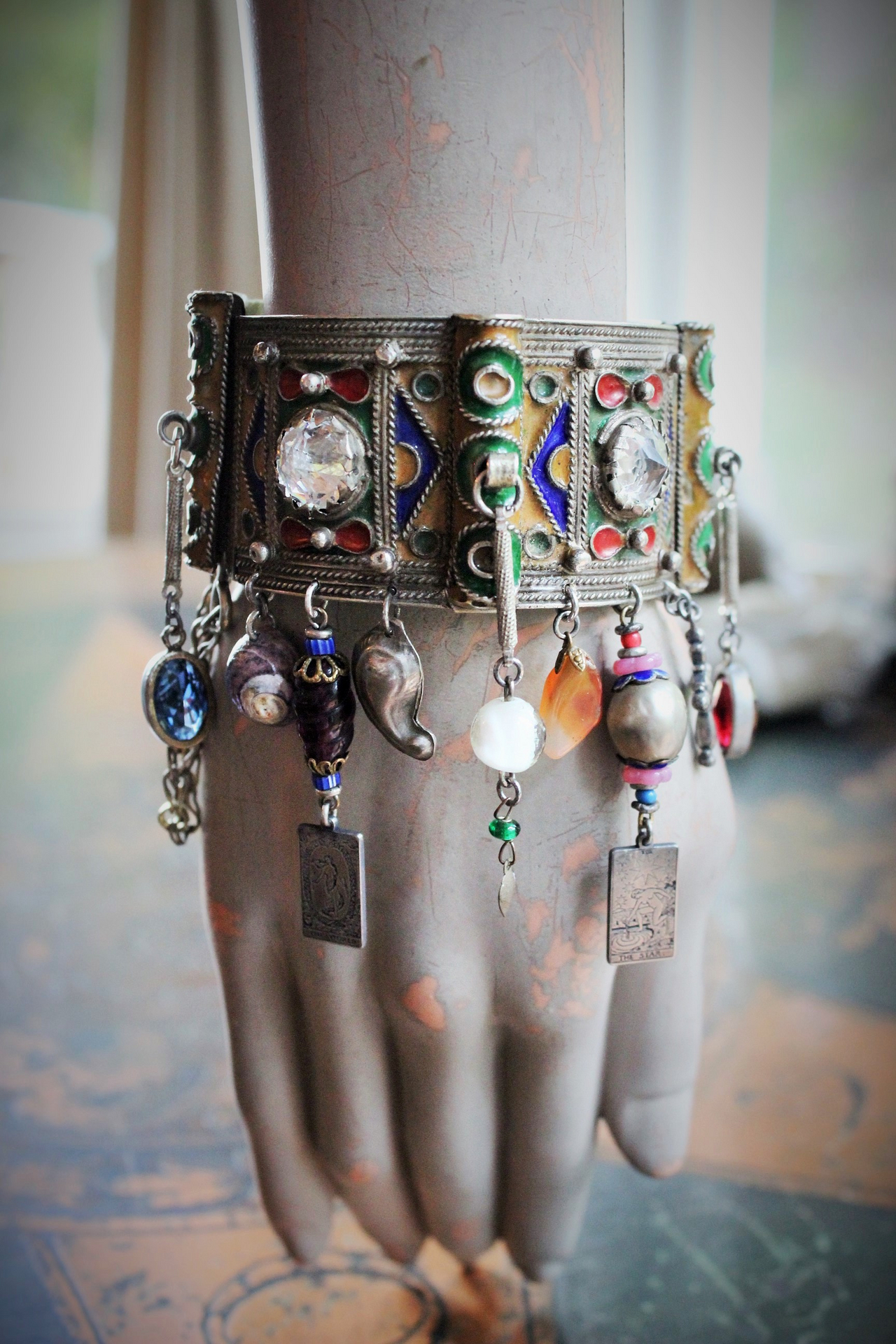 Antique Kuchi Gypsy Cuff Bracelet with 4 Sterling Tarot Medals, Antique Art Glass Bead &  Findings, Multiple Drops & Dangles