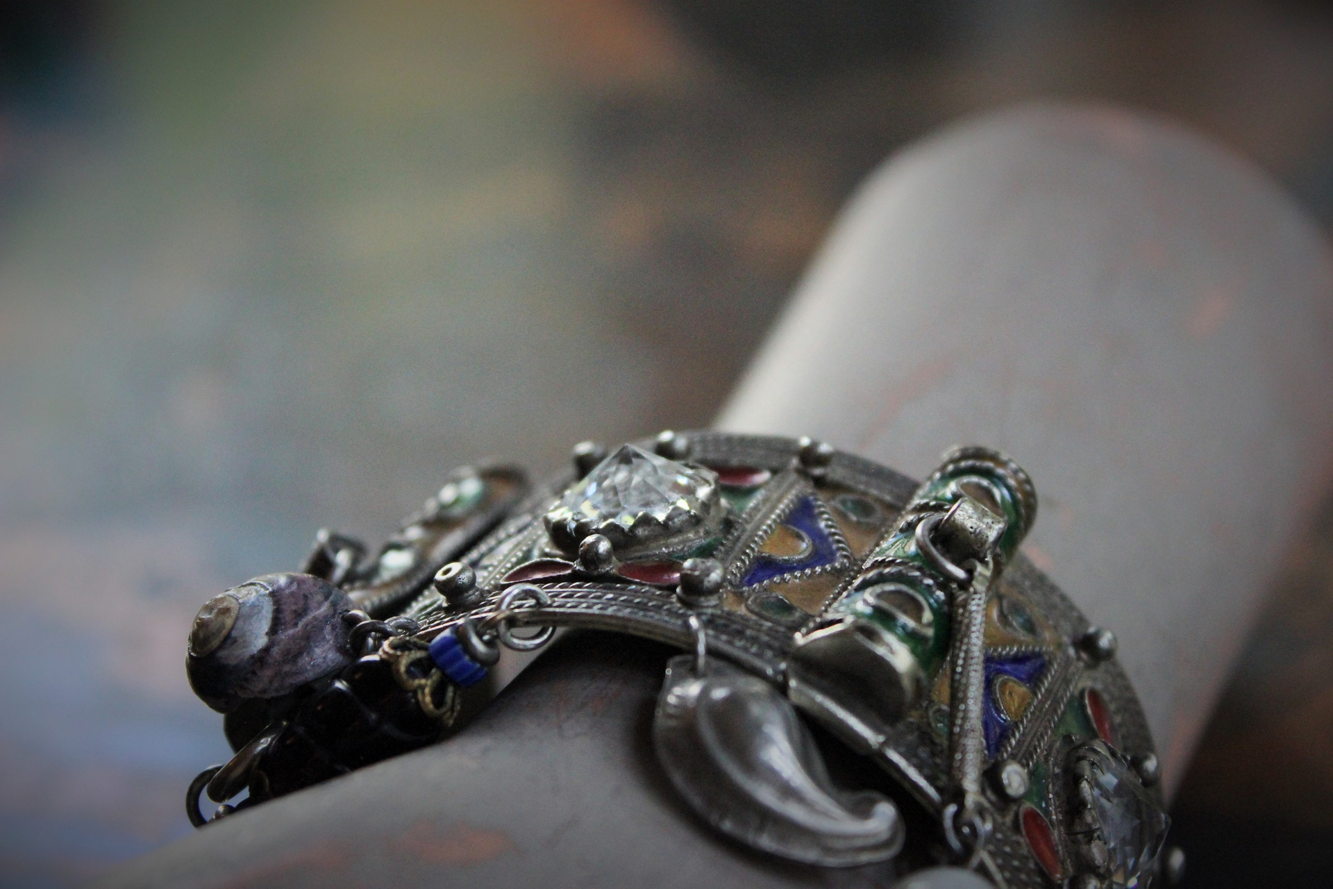 Antique Kuchi Gypsy Cuff Bracelet with 4 Sterling Tarot Medals, Antique Art Glass Bead &  Findings, Multiple Drops & Dangles