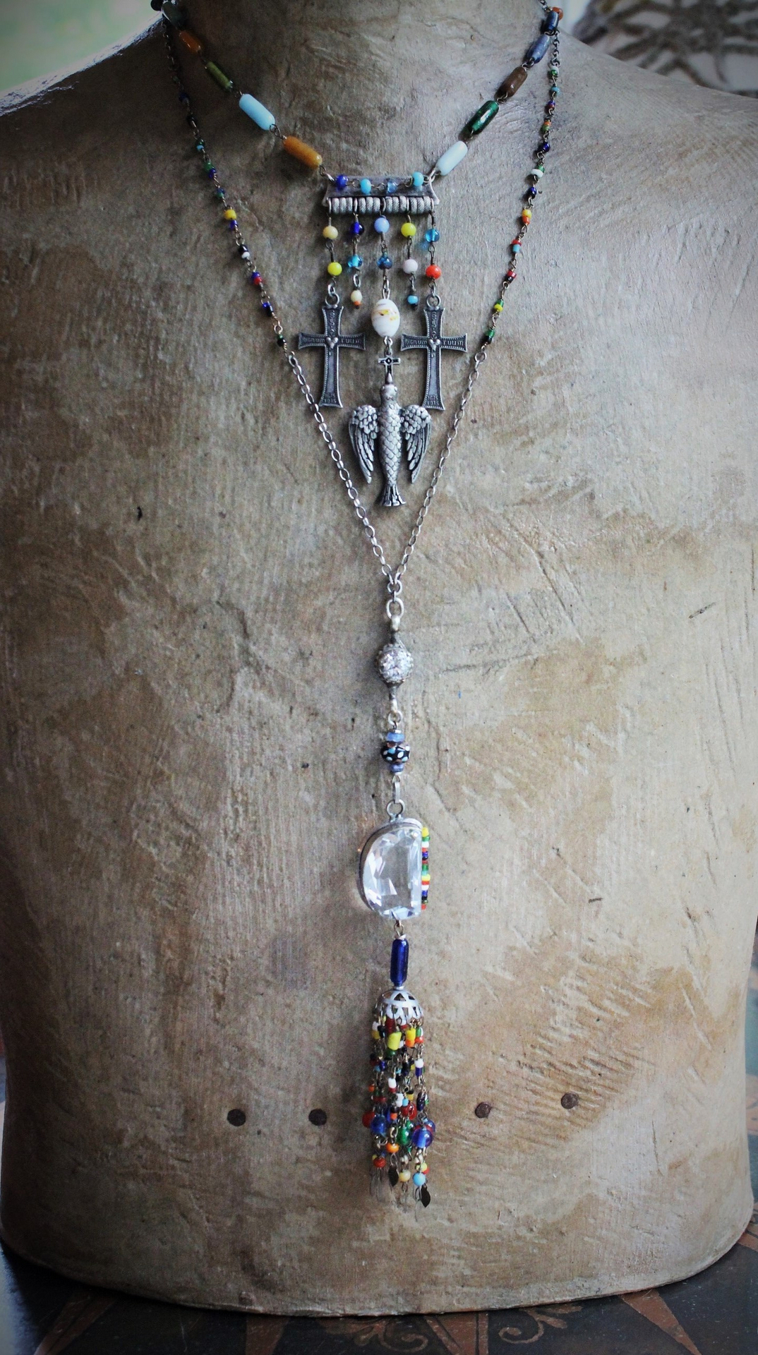 In Your Light Necklace with Faceted Rock Crystal Pendant,Antique Glass Bead Findings & Tassel,Antique Kuchi Faceted Crystal Connector,Sterling Link Chain