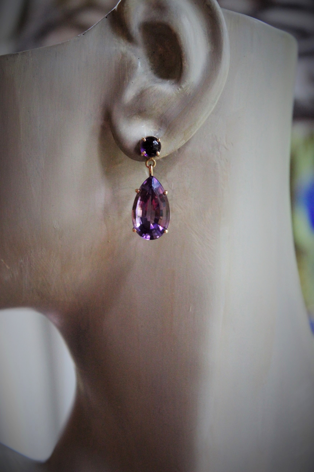 14K Gold Faceted Tear Drop Natural Brazilian Amethyst Gemstone Post Earrings