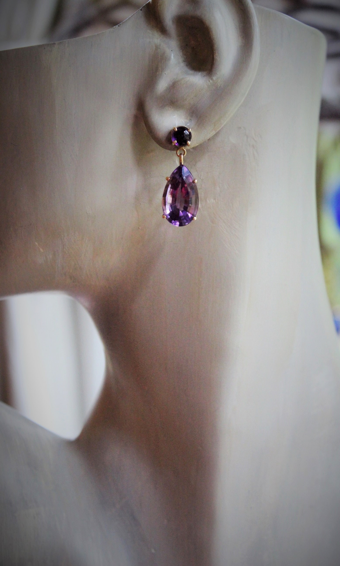 14K Gold Faceted Tear Drop Natural Brazilian Amethyst Gemstone Post Earrings