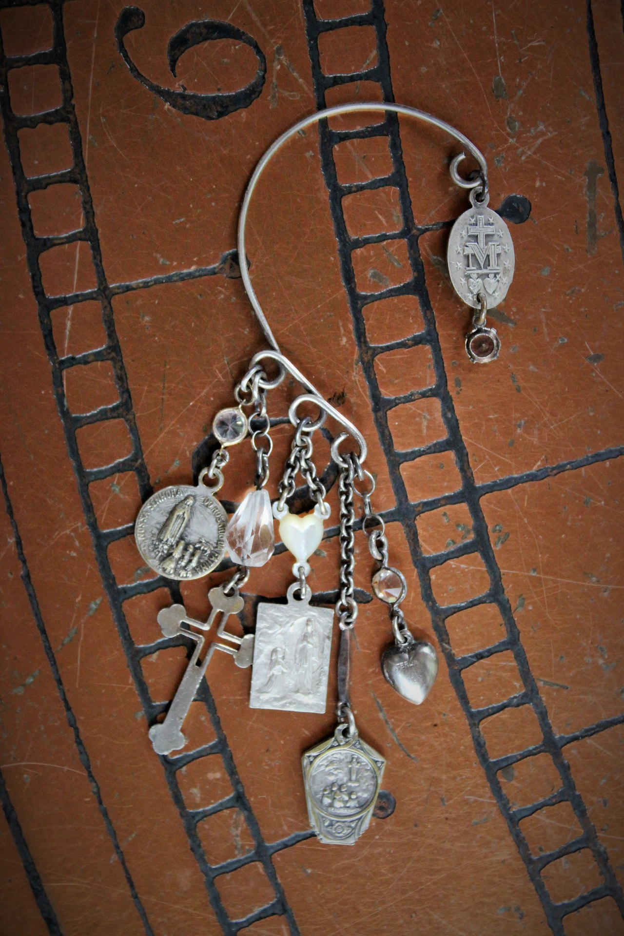 Sterling Ear Cuff with Antique French Medals, Antique Faceted Rock Crystals,Faceted Rock Crystal Bead,Tiny Antique Sterling Puffy Heart & More!
