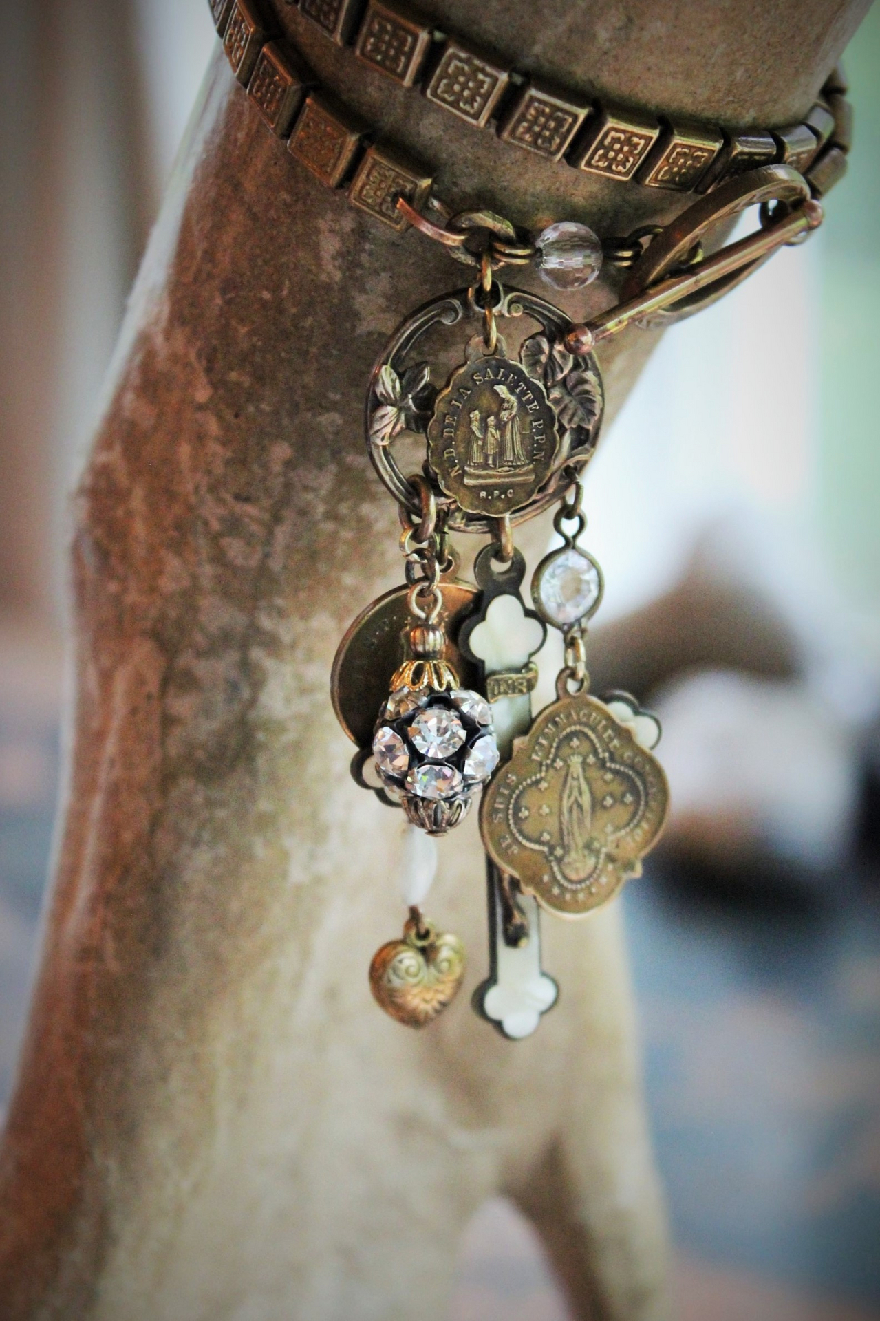 Antique Book Chain Wrap Bracelet with Antique French Medals,Antique French Rosary Crucifix,Antique Crystals & Vintage Puffy Heart