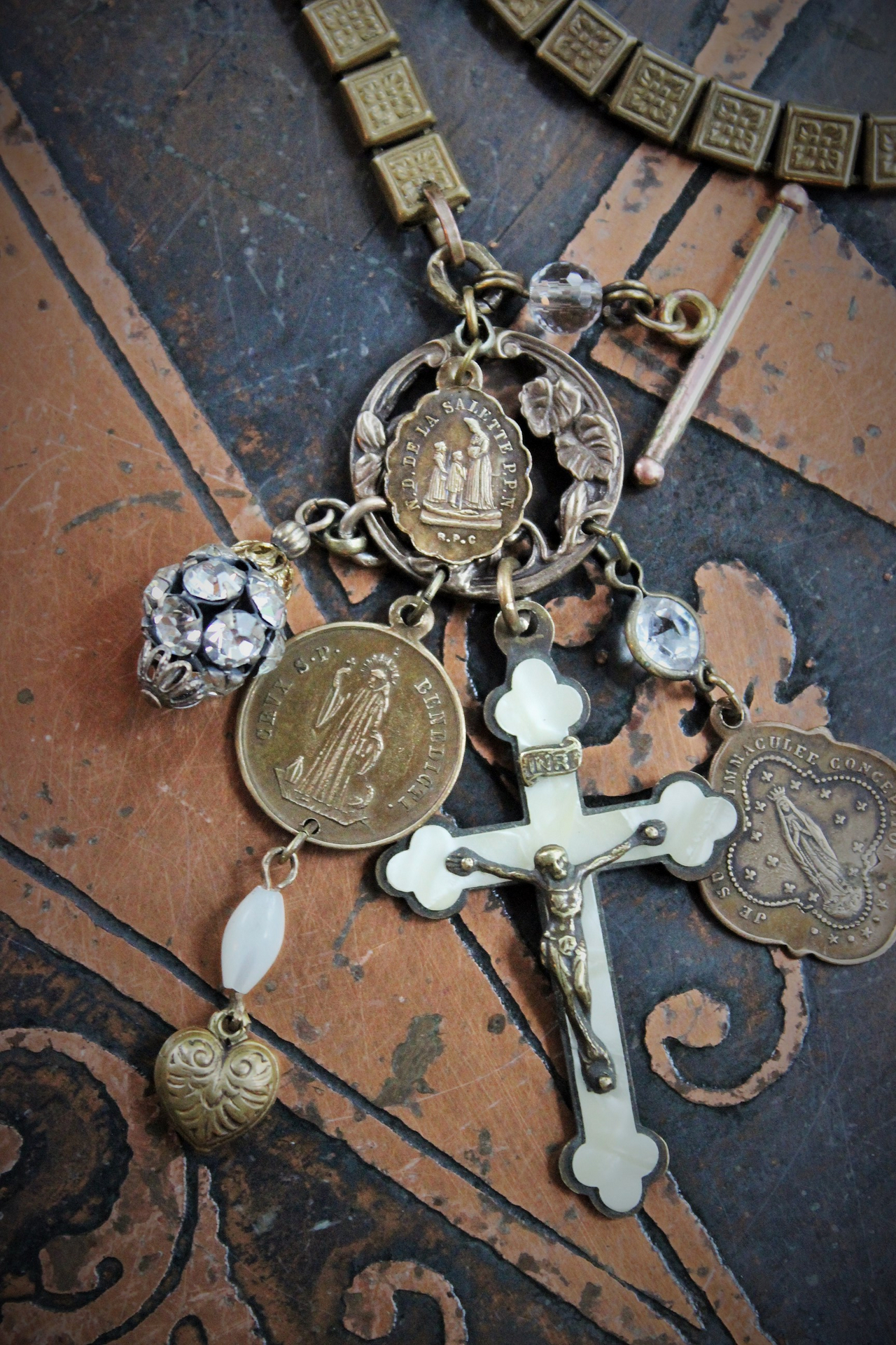 Antique Book Chain Wrap Bracelet with Antique French Medals,Antique French Rosary Crucifix,Antique Crystals & Vintage Puffy Heart