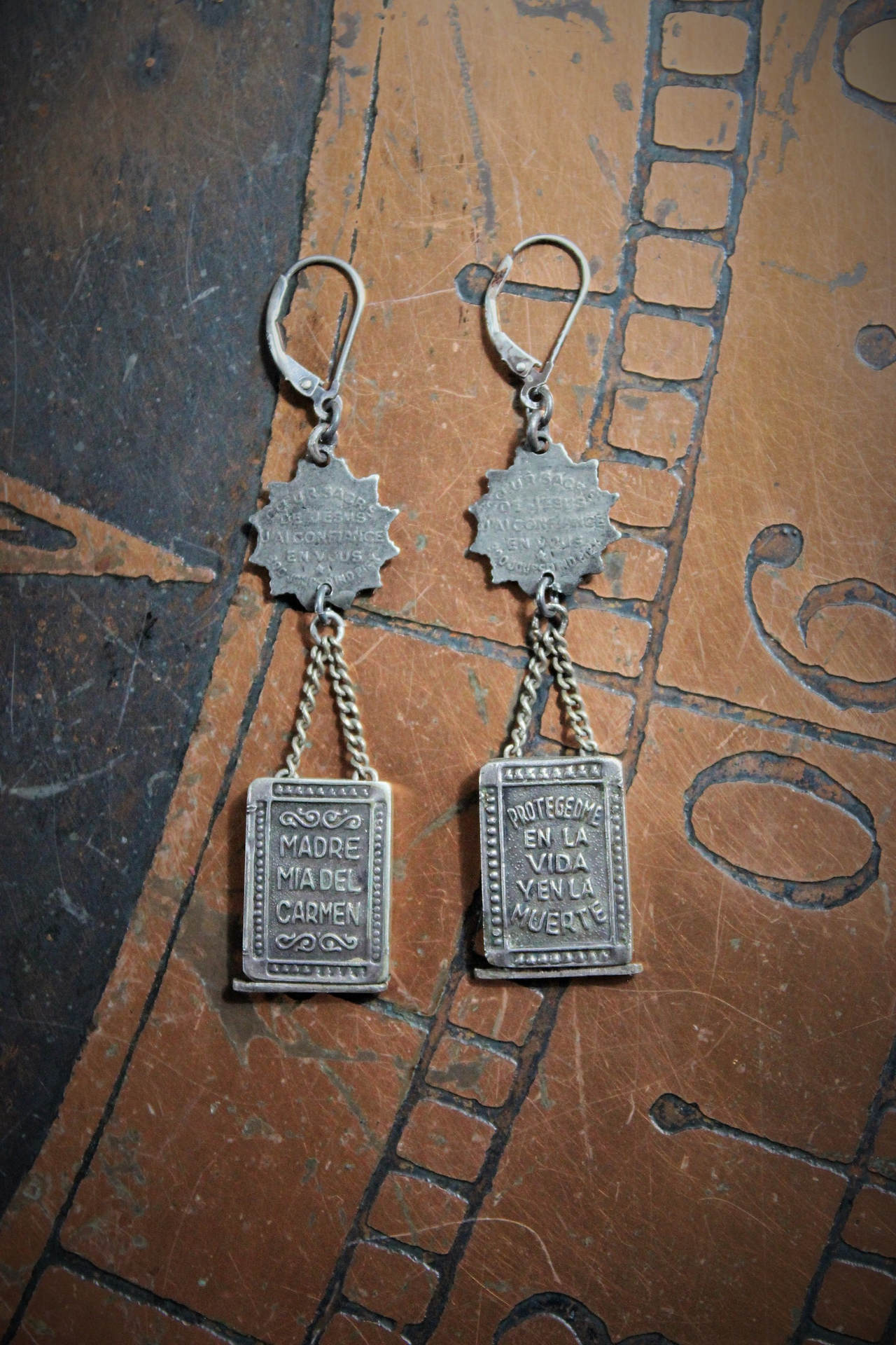 Rare Antique Sterling Scapular Medal Earrings w/Antique Sacred Heart Medals, Sterling Leverback Earring Wires