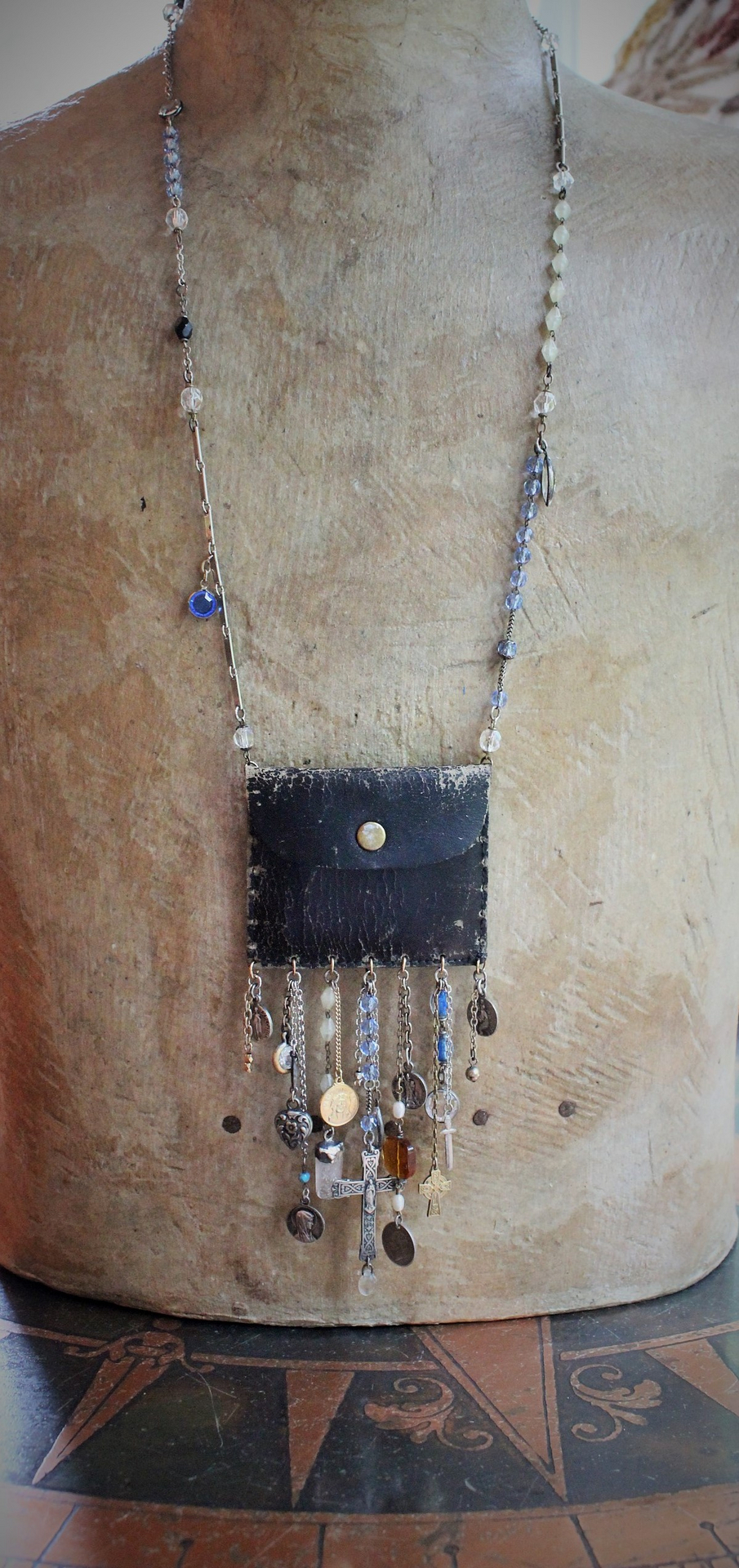 Rustic Antique Leather Pouch Necklace with Antique Passion of Christ Scapular Pocket,Antique & Vintage Medals, Crosses, Dangles, Crystals & Chains