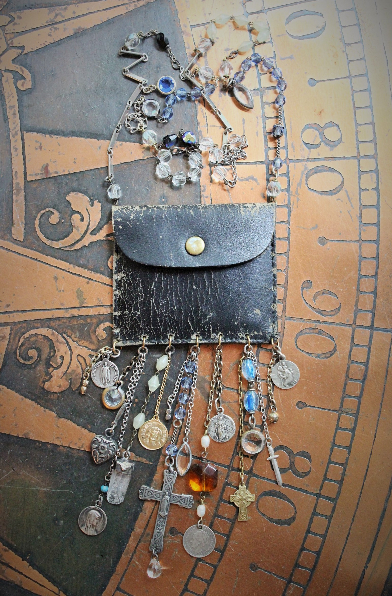 Rustic Antique Leather Pouch Necklace with Antique Passion of Christ Scapular Pocket,Antique & Vintage Medals, Crosses, Dangles, Crystals & Chains