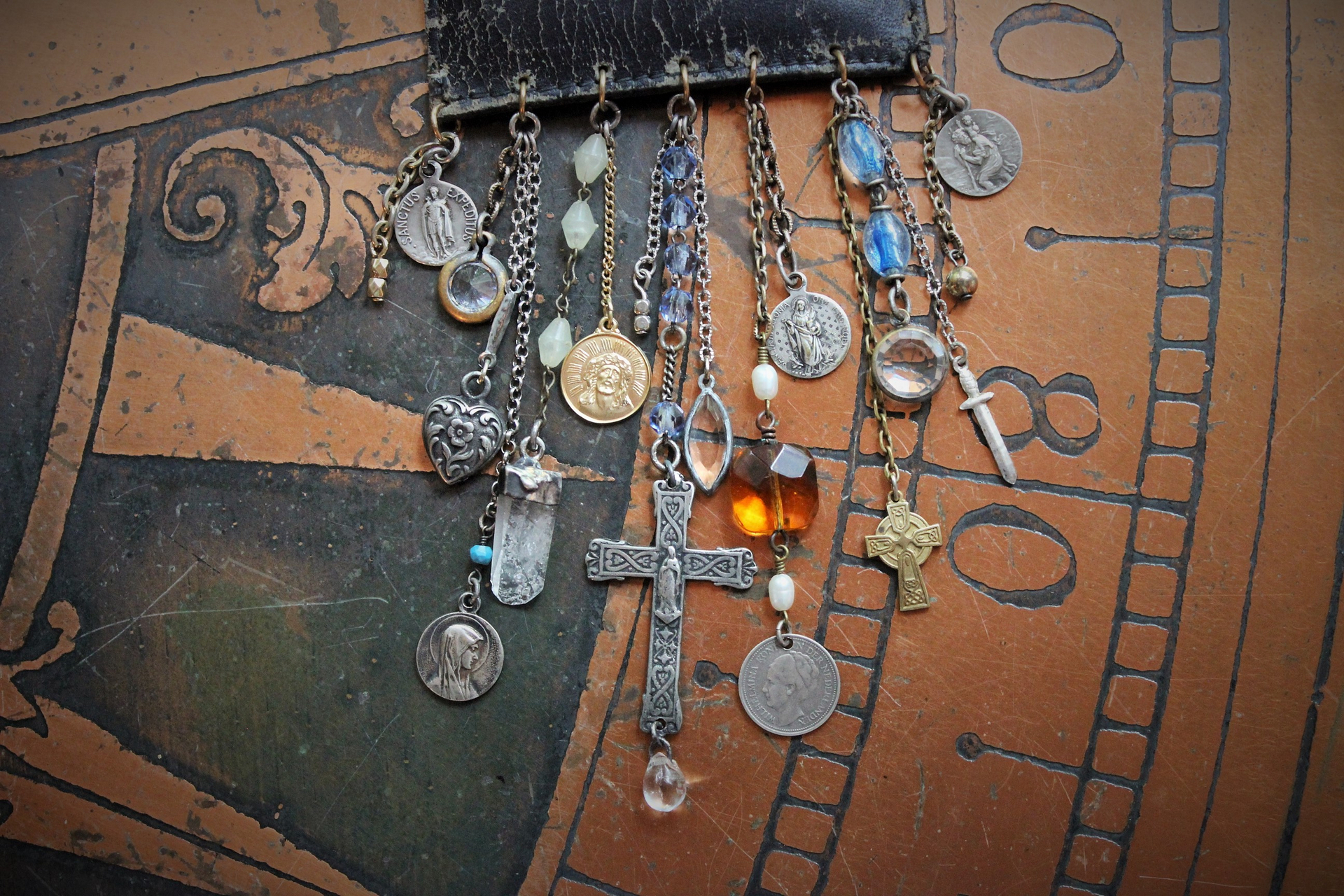 Rustic Antique Leather Pouch Necklace with Antique Passion of Christ Scapular Pocket,Antique & Vintage Medals, Crosses, Dangles, Crystals & Chains