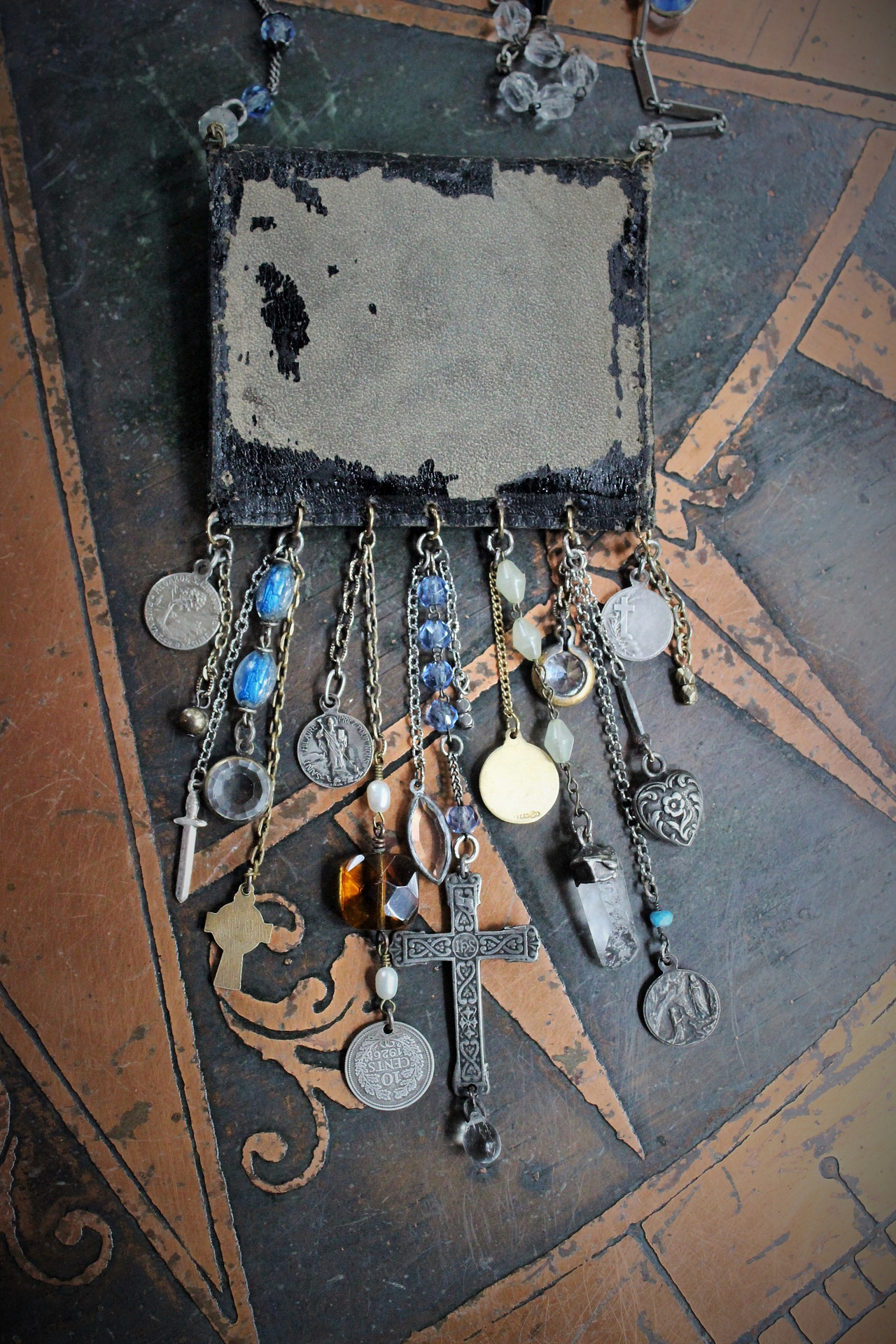 Rustic Antique Leather Pouch Necklace with Antique Passion of Christ Scapular Pocket,Antique & Vintage Medals, Crosses, Dangles, Crystals & Chains