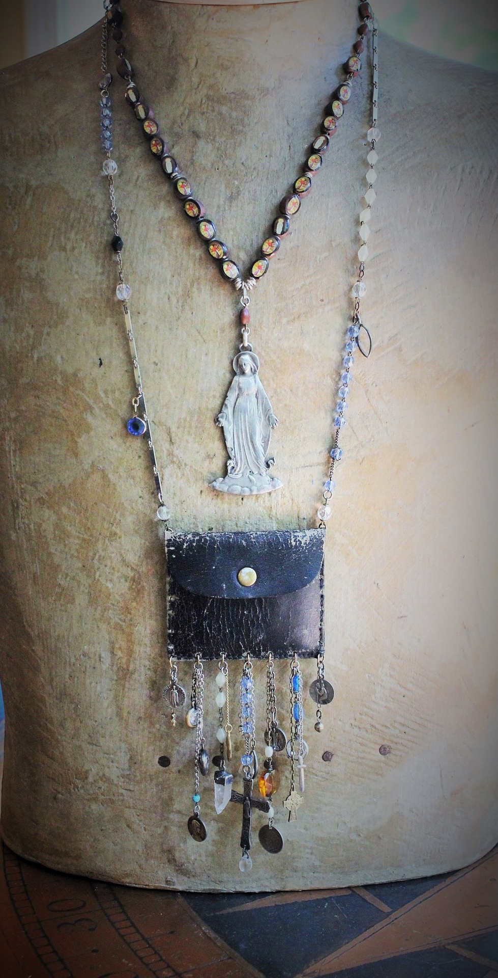 Rustic Antique Leather Pouch Necklace with Antique Passion of Christ Scapular Pocket,Antique & Vintage Medals, Crosses, Dangles, Crystals & Chains