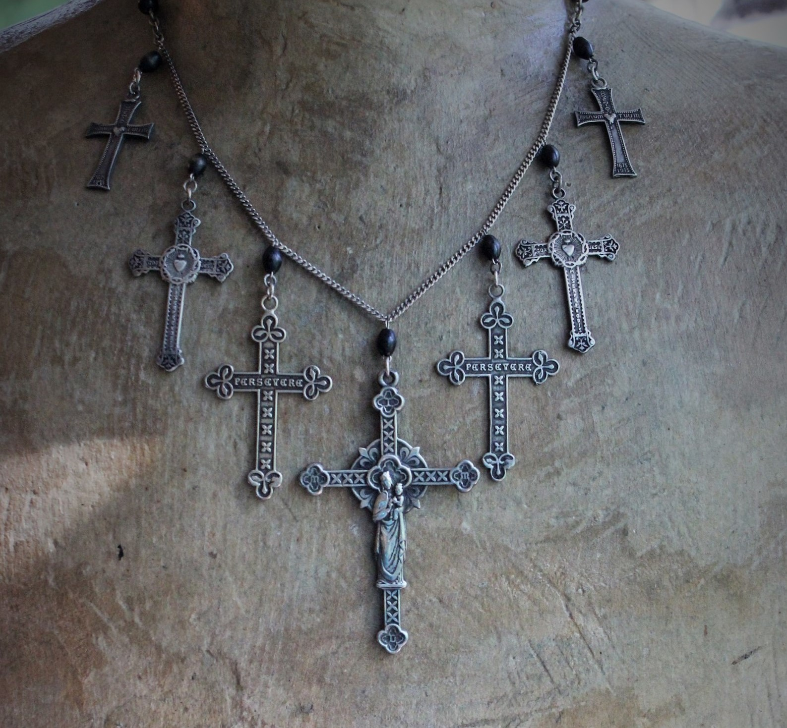 NEW! To Pray Necklace with 7 French Crosses, Antique Rosary Bead Fragments, Silver Chain
