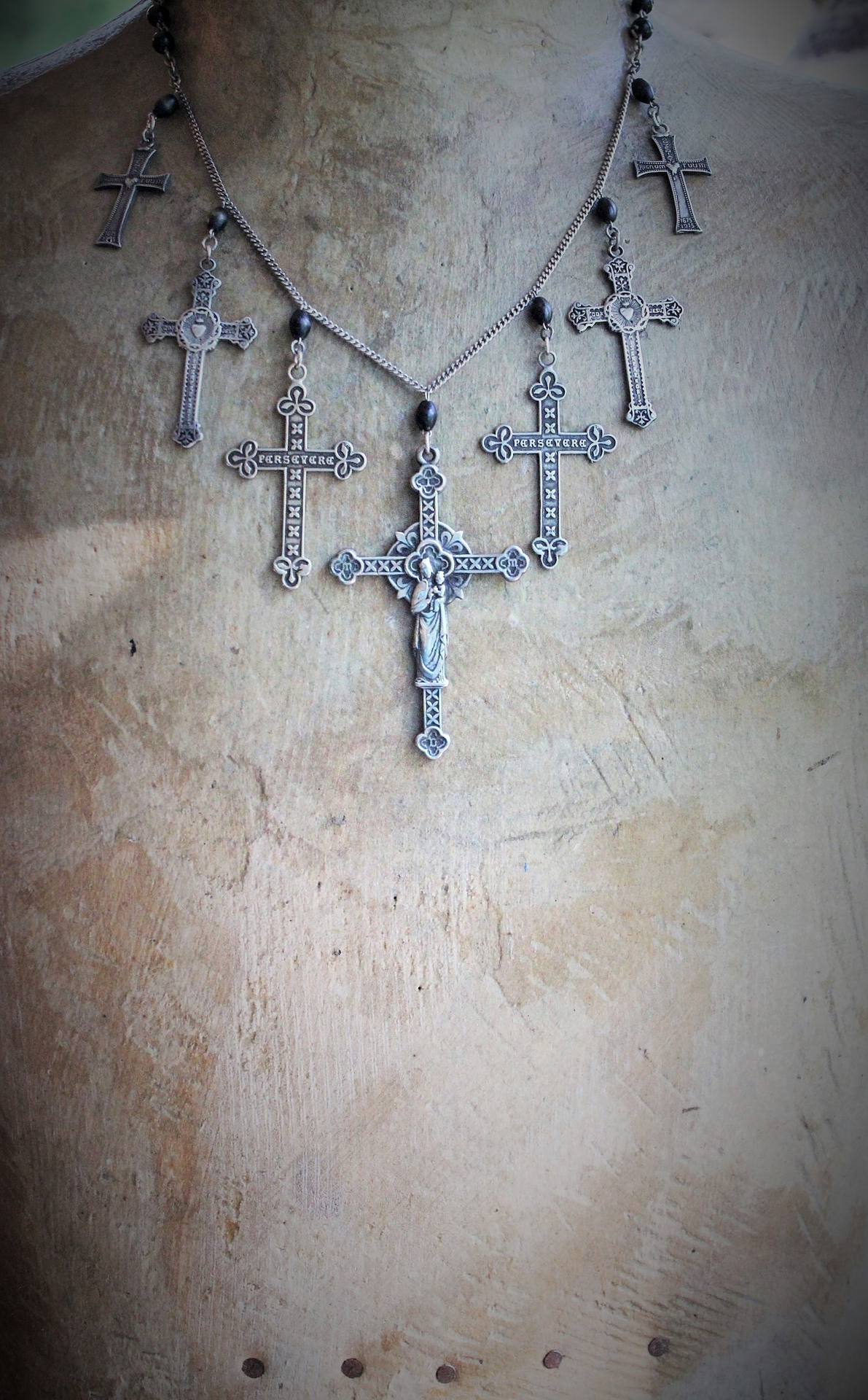 NEW! To Pray Necklace with 7 French Crosses, Antique Rosary Bead Fragments, Silver Chain