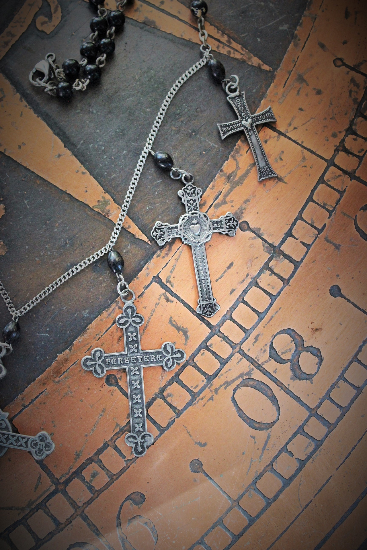 NEW! To Pray Necklace with 7 French Crosses, Antique Rosary Bead Fragments, Silver Chain