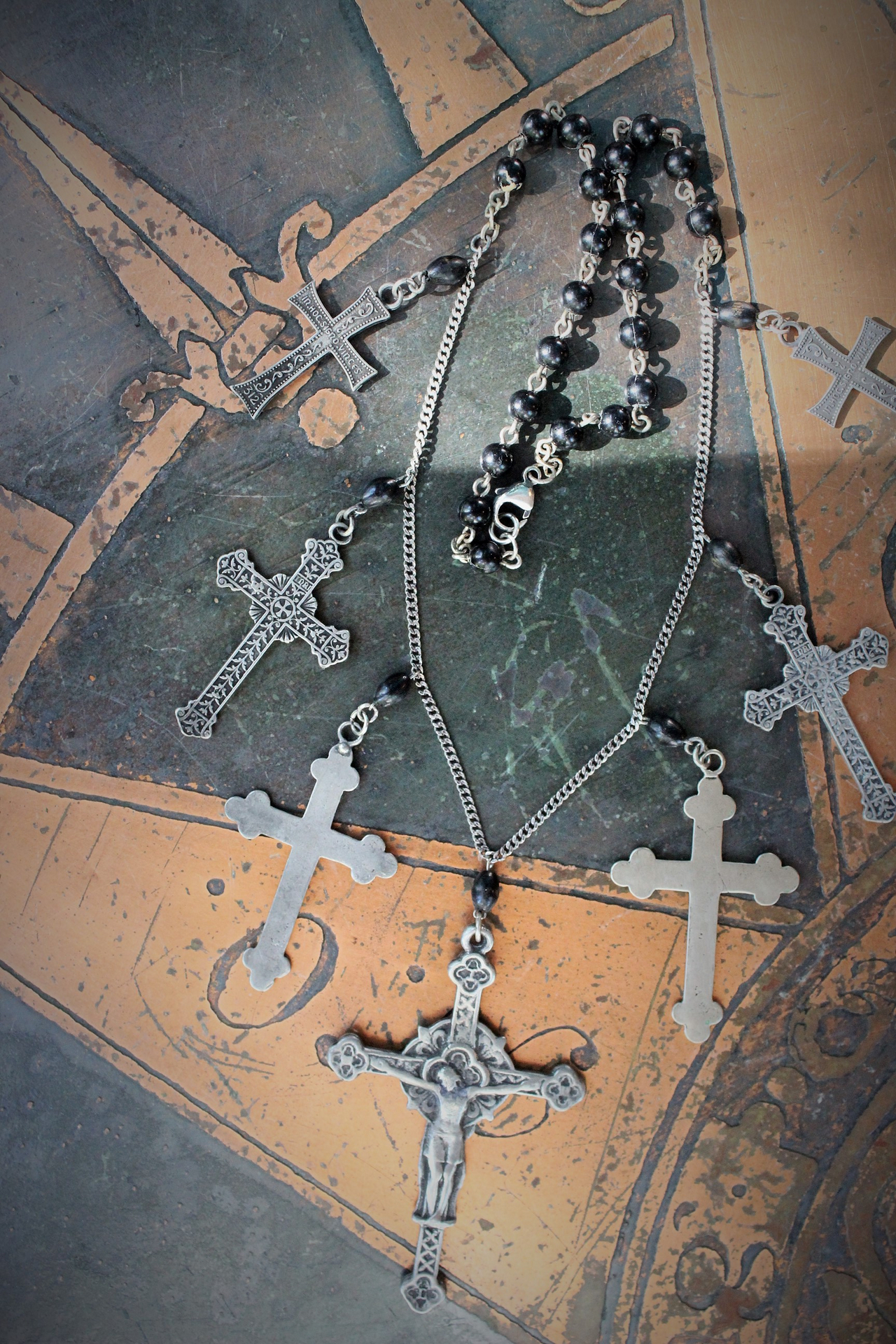 NEW! To Pray Necklace with 7 French Crosses, Antique Rosary Bead Fragments, Silver Chain