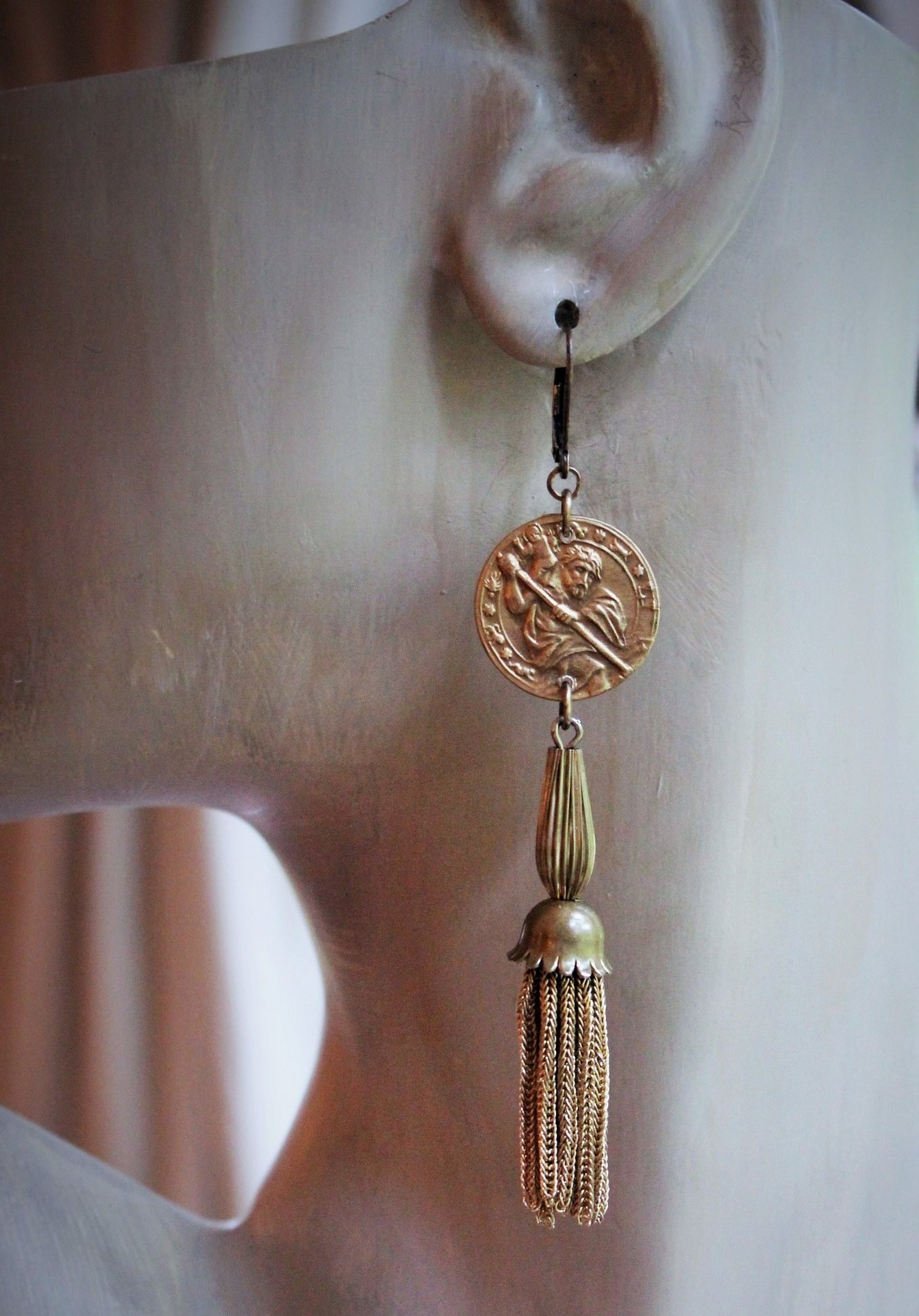 Rare Matching Antique Astrological Saint Christopher Earrings with Antique Foxtail Chain Tassels & Gold Filled Leverback Earring Wires