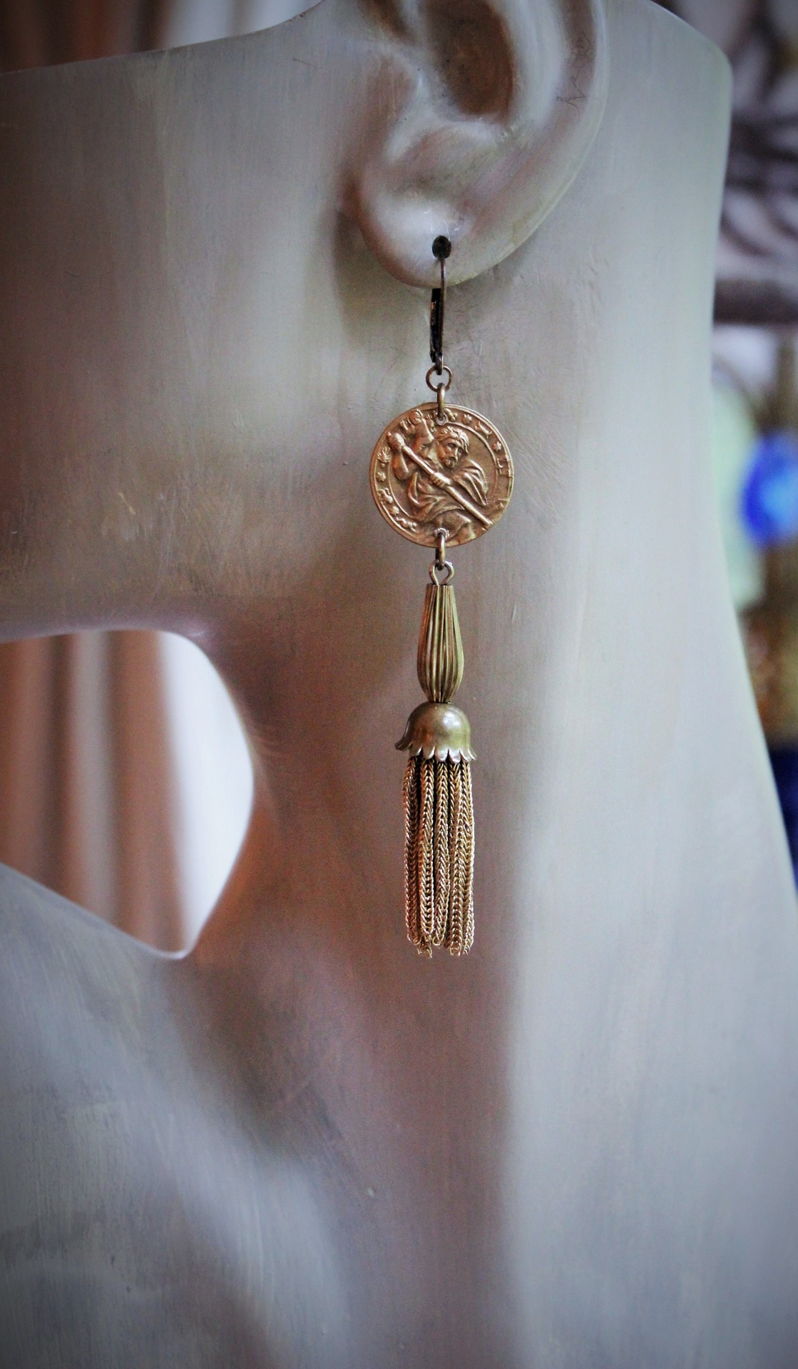 Rare Matching Antique Astrological Saint Christopher Earrings with Antique Foxtail Chain Tassels & Gold Filled Leverback Earring Wires