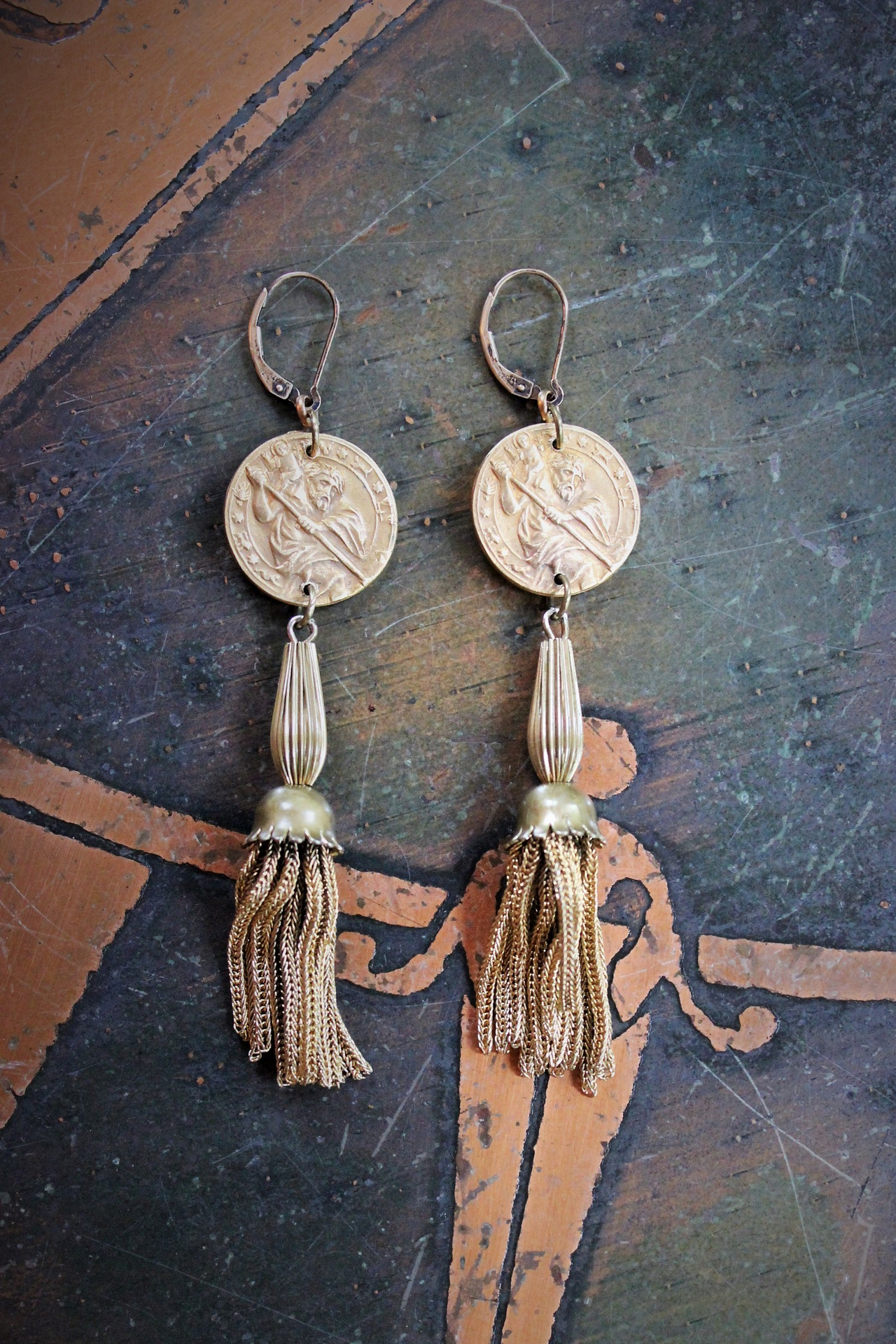 Rare Matching Antique Astrological Saint Christopher Earrings with Antique Foxtail Chain Tassels & Gold Filled Leverback Earring Wires