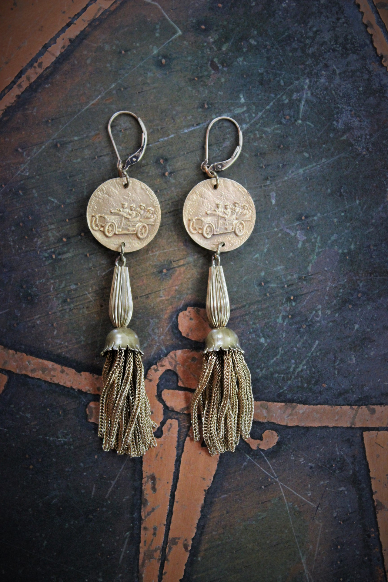 Rare Matching Antique Astrological Saint Christopher Earrings with Antique Foxtail Chain Tassels & Gold Filled Leverback Earring Wires