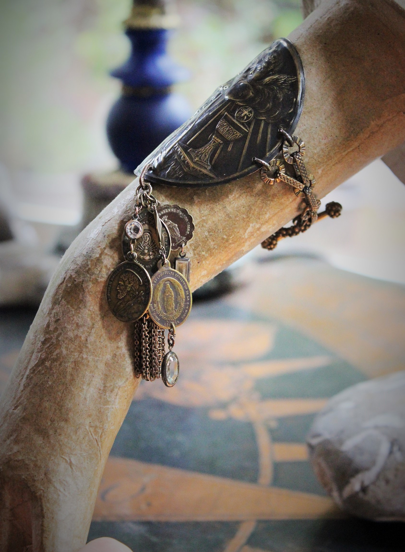 NEW! The Chalice of My Heart Bracelet with Antique French Benetier Finding, Antique French Medals,Bronze Link Chain & Toggle Clasp