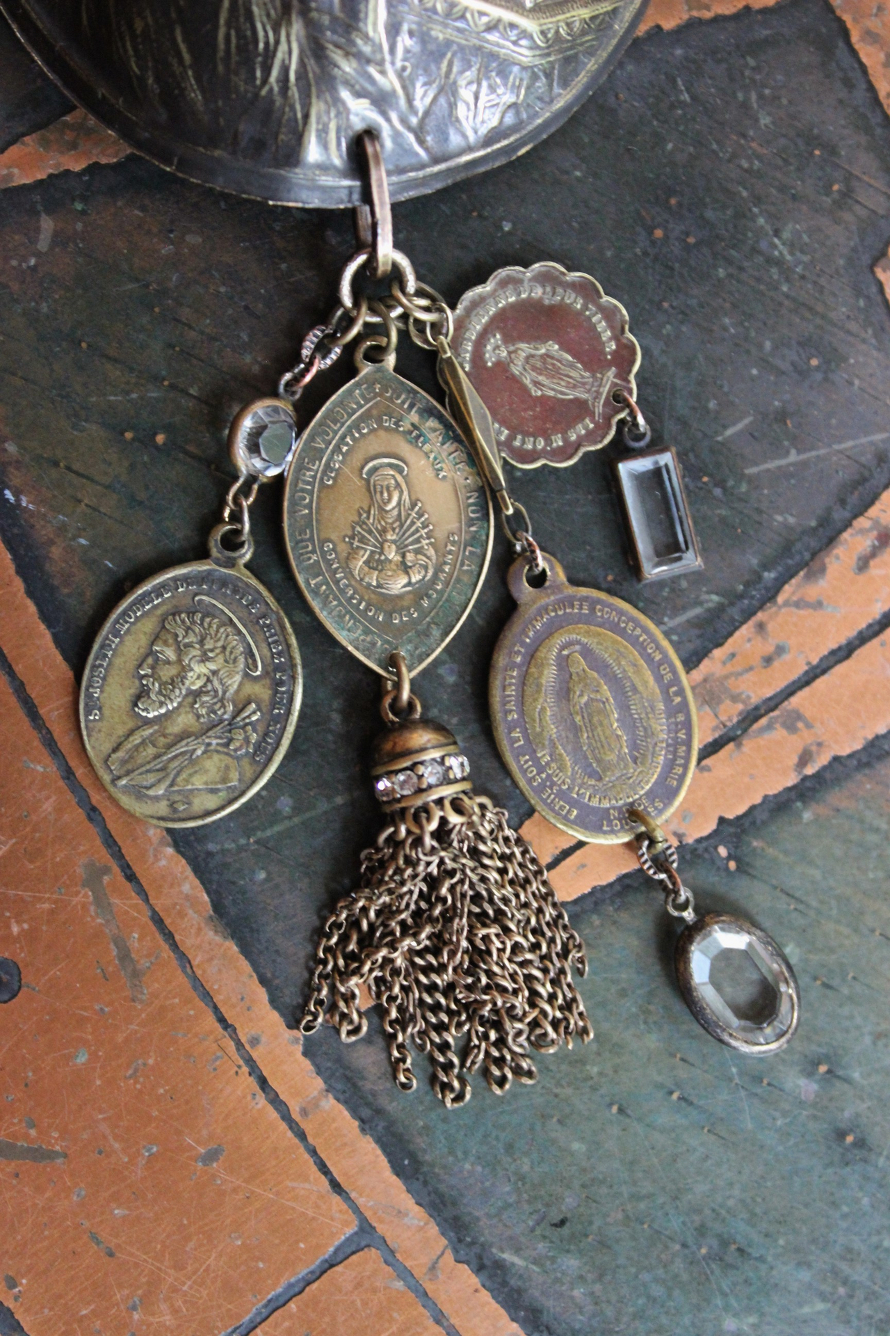 NEW! The Chalice of My Heart Bracelet with Antique French Benetier Finding, Antique French Medals,Bronze Link Chain & Toggle Clasp