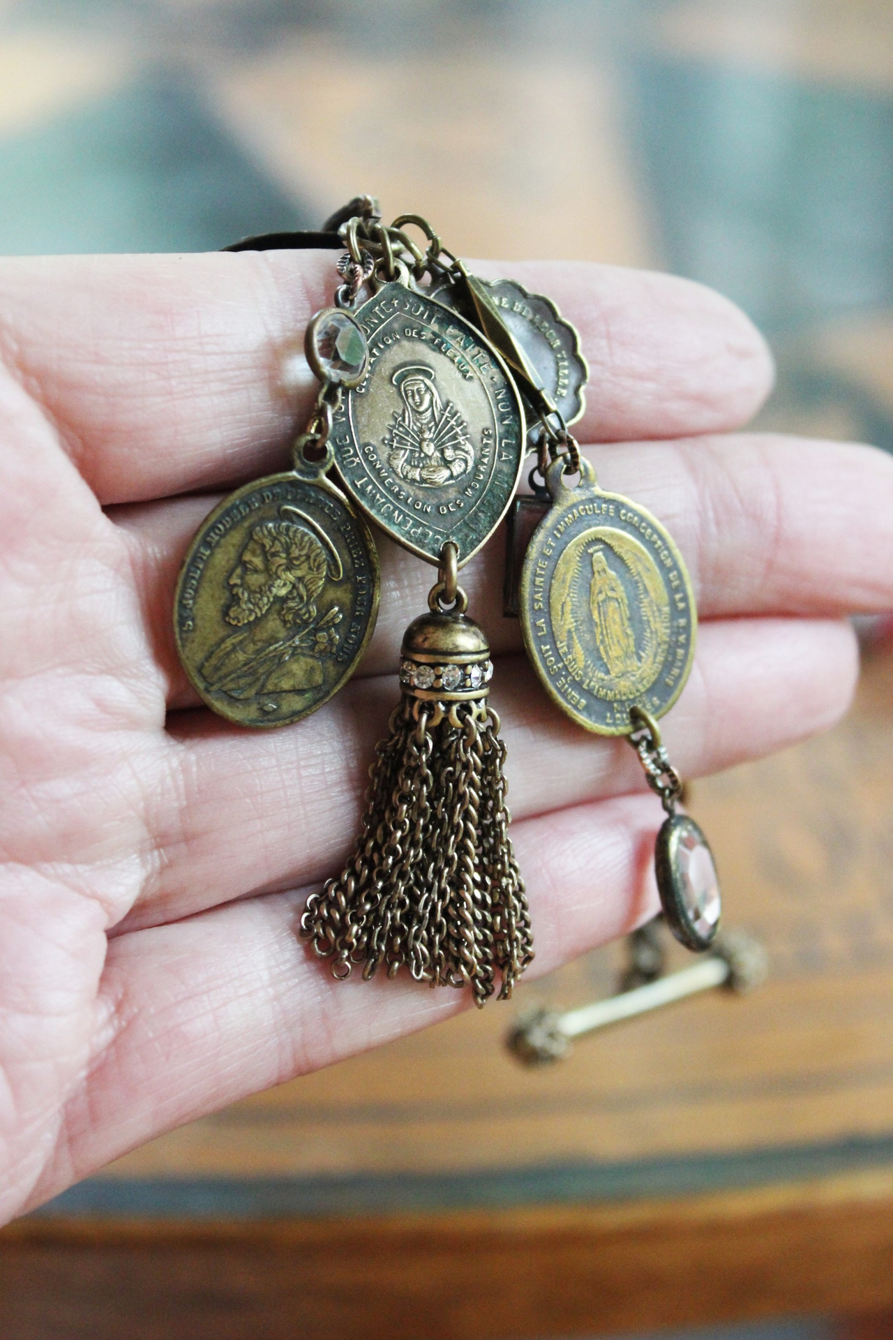 NEW! The Chalice of My Heart Bracelet with Antique French Benetier Finding, Antique French Medals,Bronze Link Chain & Toggle Clasp