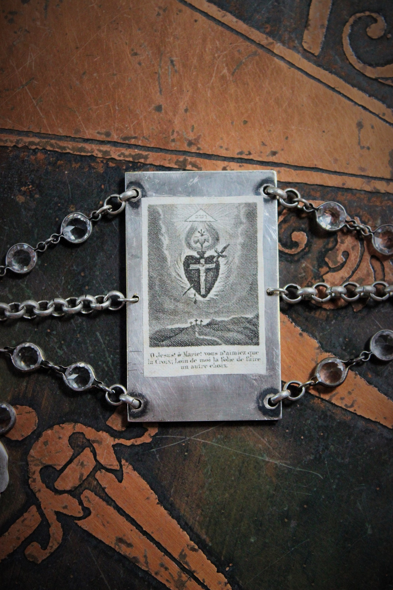 Rare Antique French Sacred Heart of Jesus Wicker Engraving Bracelet w/Antique Sterling Locket,Antique Monogrammed Medal,Antique Bezel Set Rock Crystal Chain Segments,Sterling Toggle Clasp