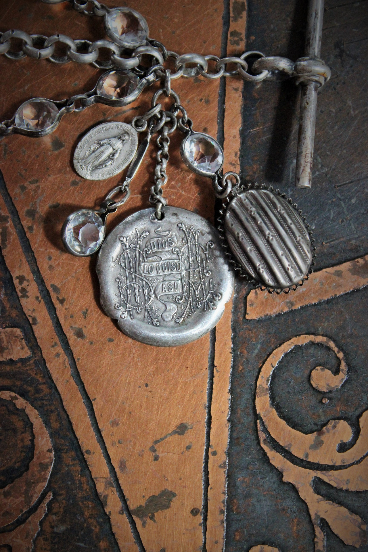 Rare Antique French Sacred Heart of Jesus Wicker Engraving Bracelet w/Antique Sterling Locket,Antique Monogrammed Medal,Antique Bezel Set Rock Crystal Chain Segments,Sterling Toggle Clasp