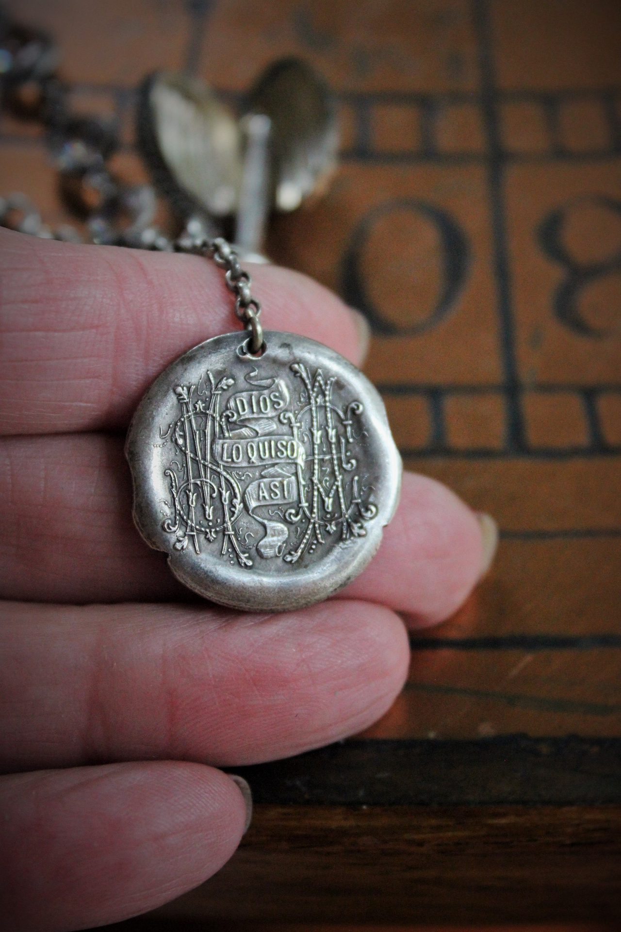 Rare Antique French Sacred Heart of Jesus Wicker Engraving Bracelet w/Antique Sterling Locket,Antique Monogrammed Medal,Antique Bezel Set Rock Crystal Chain Segments,Sterling Toggle Clasp