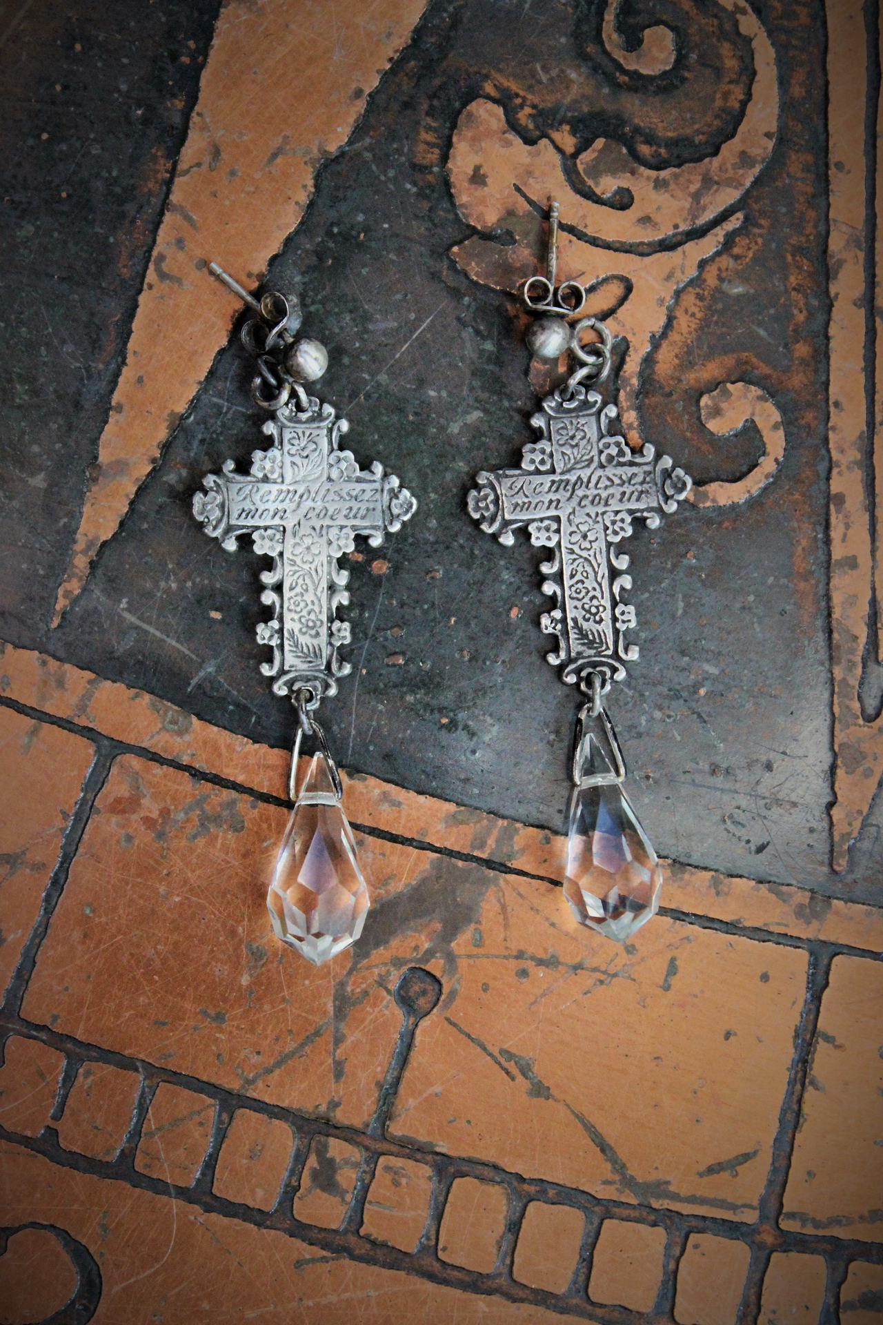 Fill my Heart with your Love Earrings w/French Engraved Crosses, Antique Faceted Rock Crystal Tear Drops,Sterling Posts