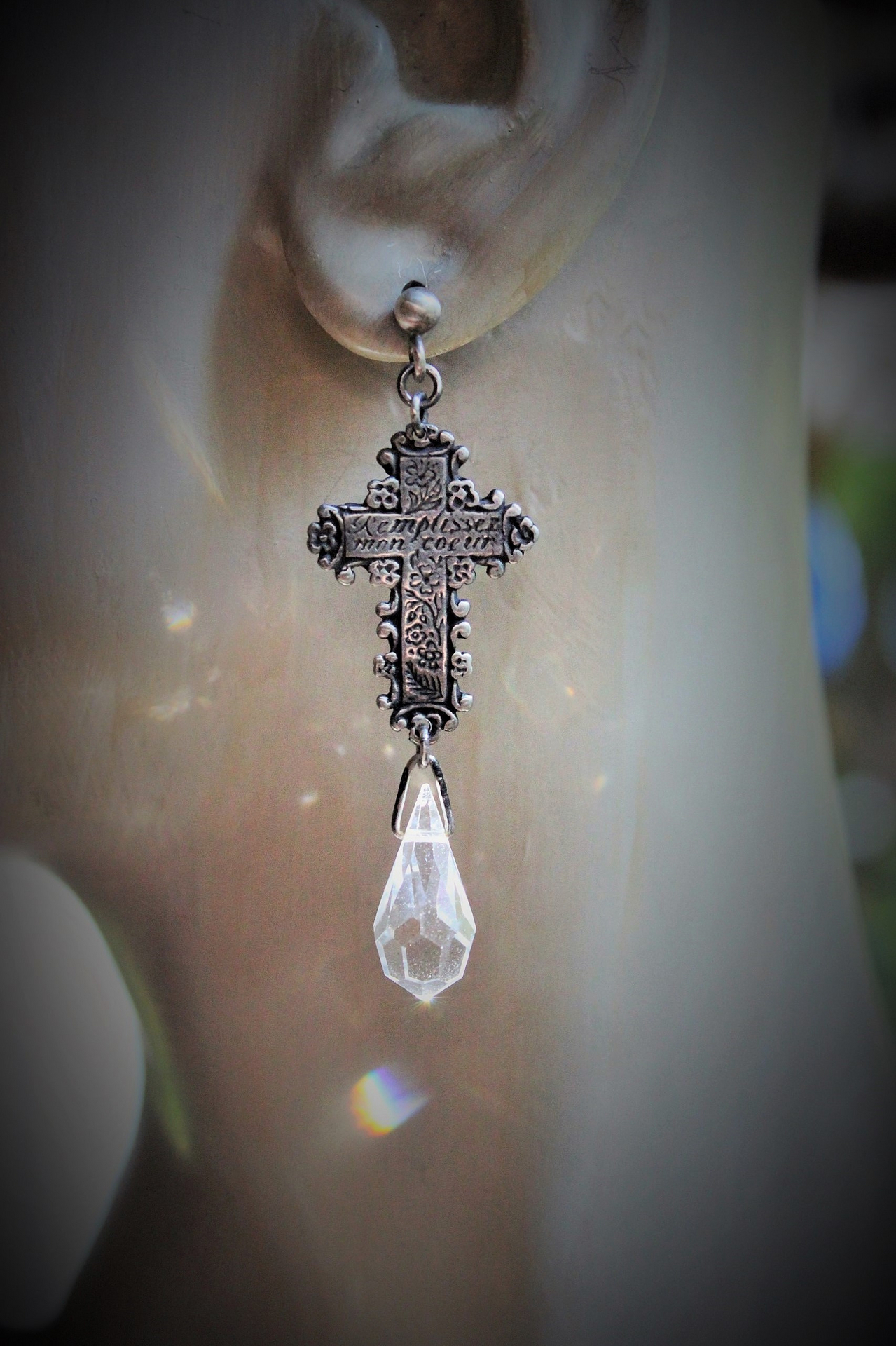 Fill my Heart with your Love Earrings w/French Engraved Crosses, Antique Faceted Rock Crystal Tear Drops,Sterling Posts