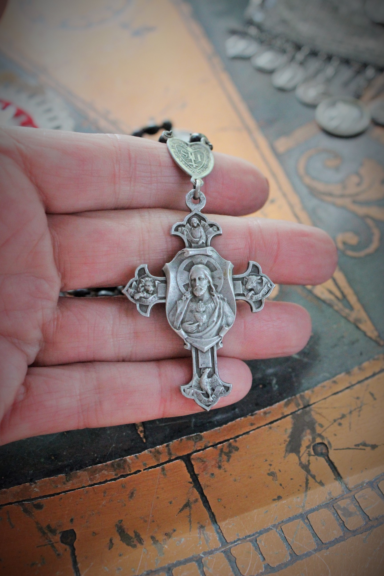 When All Seems Lost Necklace w/Antique Silver Mesh Pouch, Antique Stations of the Cross Rosary,Antique French Medals & More!