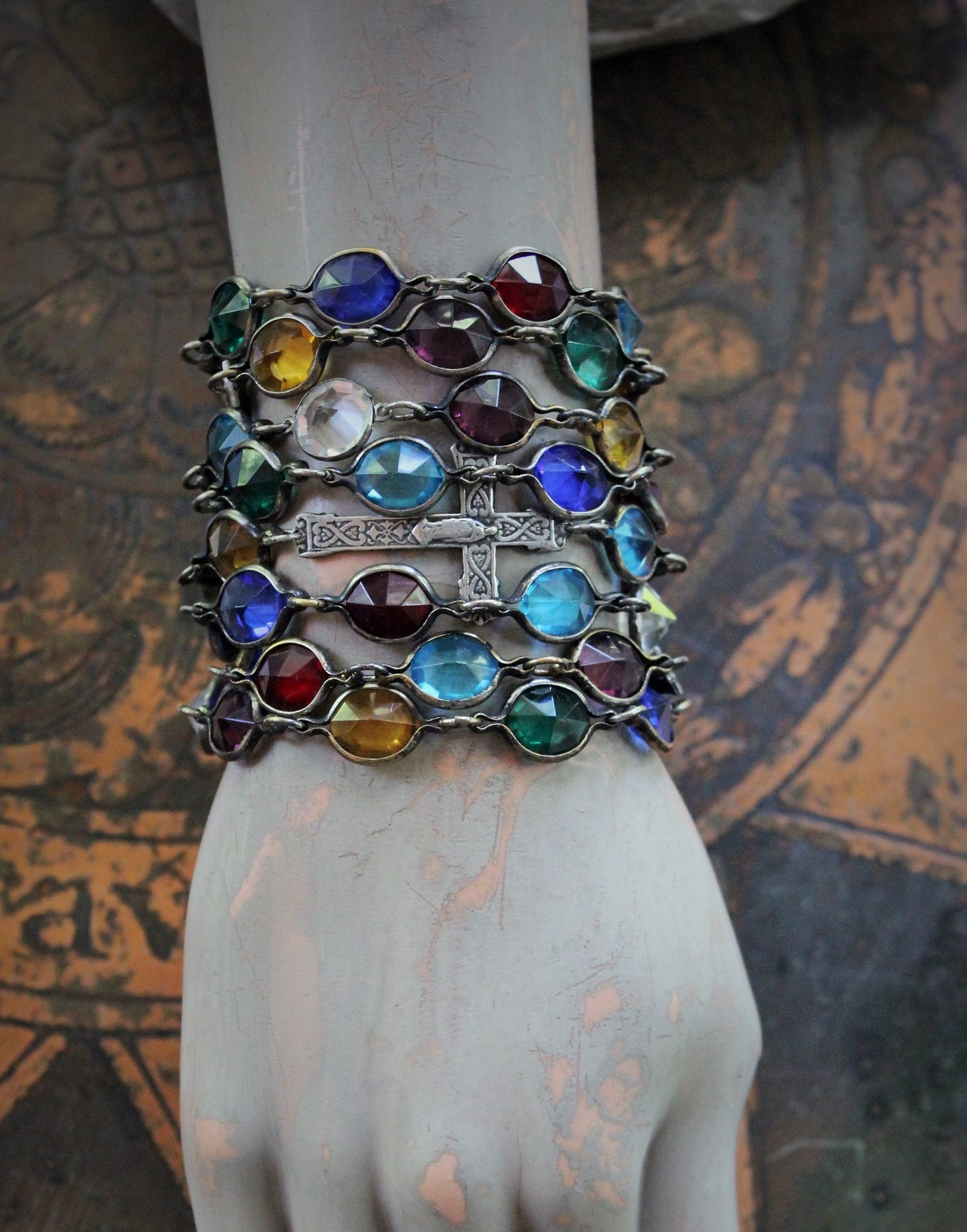 Unique Multi Color Bezel Set Faceted Glass 8 Strand Bracelet w/French Crosses and Antique Foxtail Chain