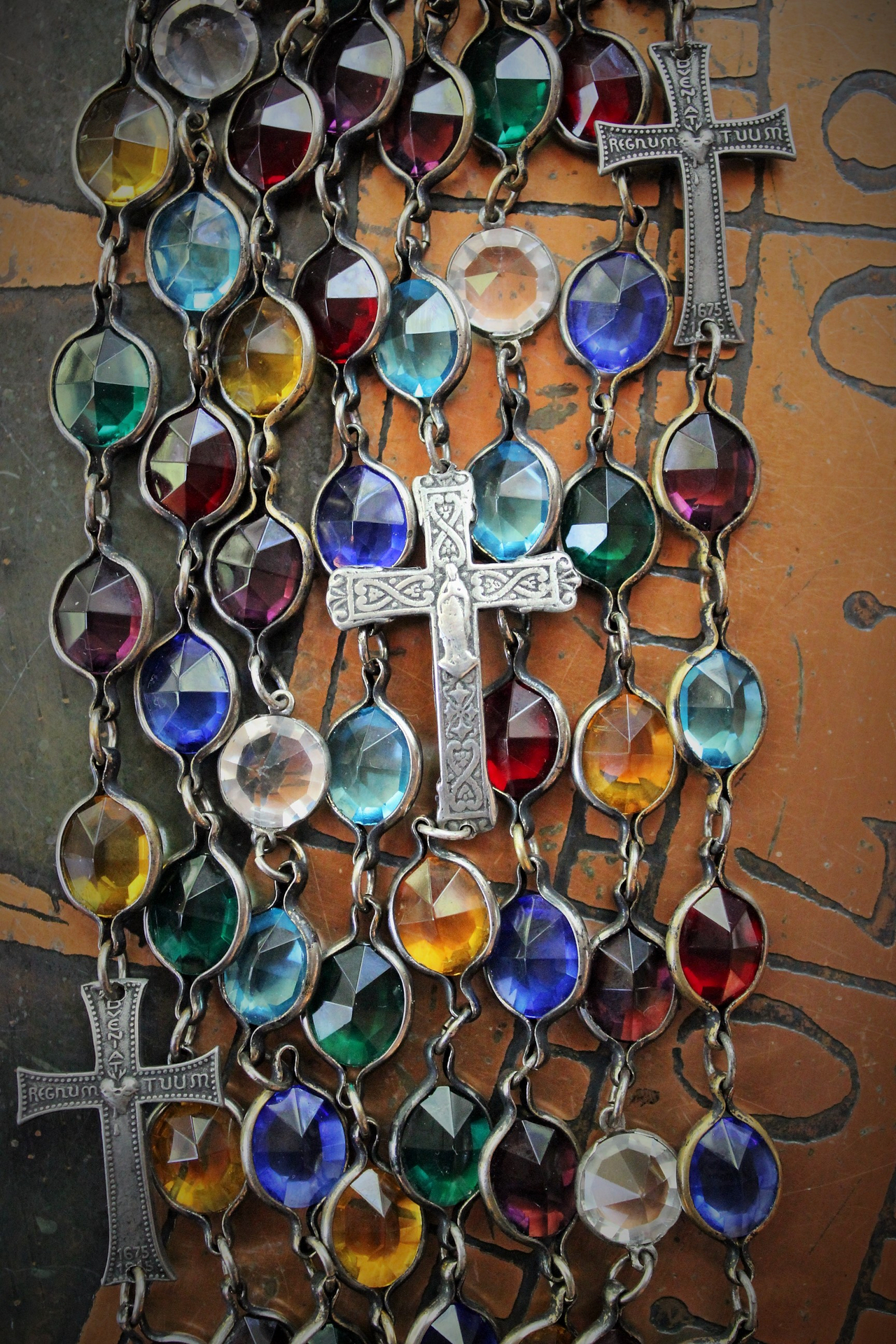 Unique Multi Color Bezel Set Faceted Glass 8 Strand Bracelet w/French Crosses and Antique Foxtail Chain