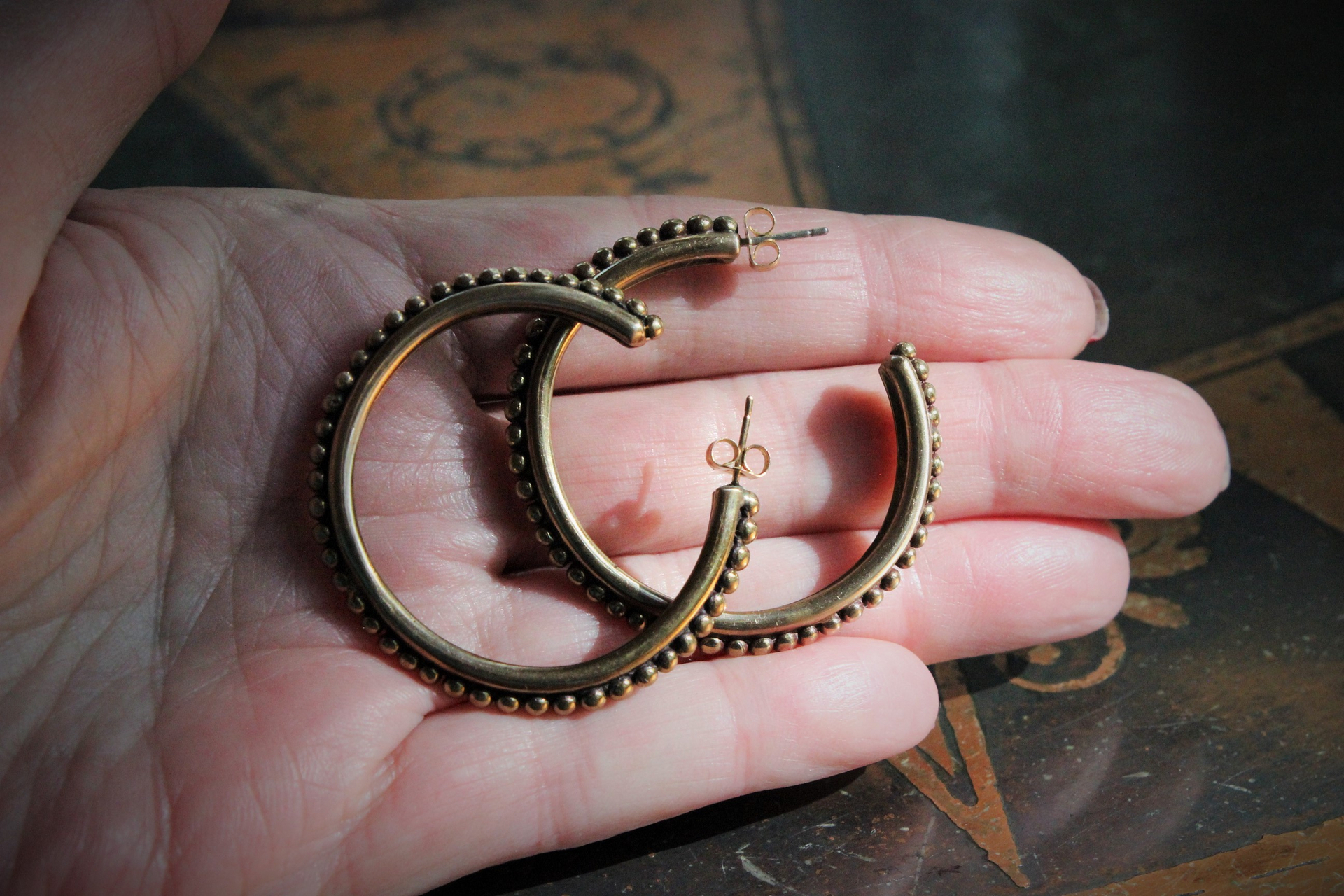 Rare Stephen Dweck Bronze Hoop Earrings with Beadpoint Detail 