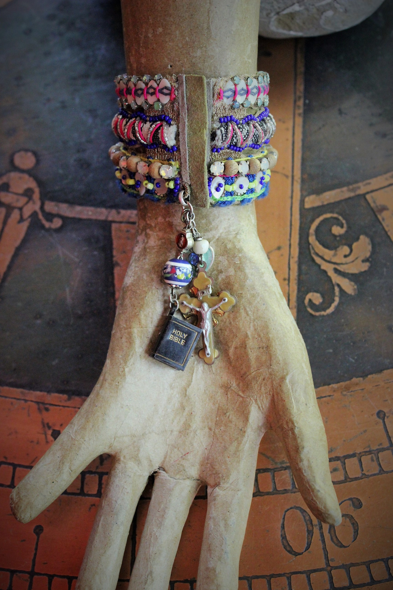 Colorful Bohemian Bracelet with Antique Stanhope Bible Charm, Vermeil Scapular Medal, Antique Mother Mary Heart & More!