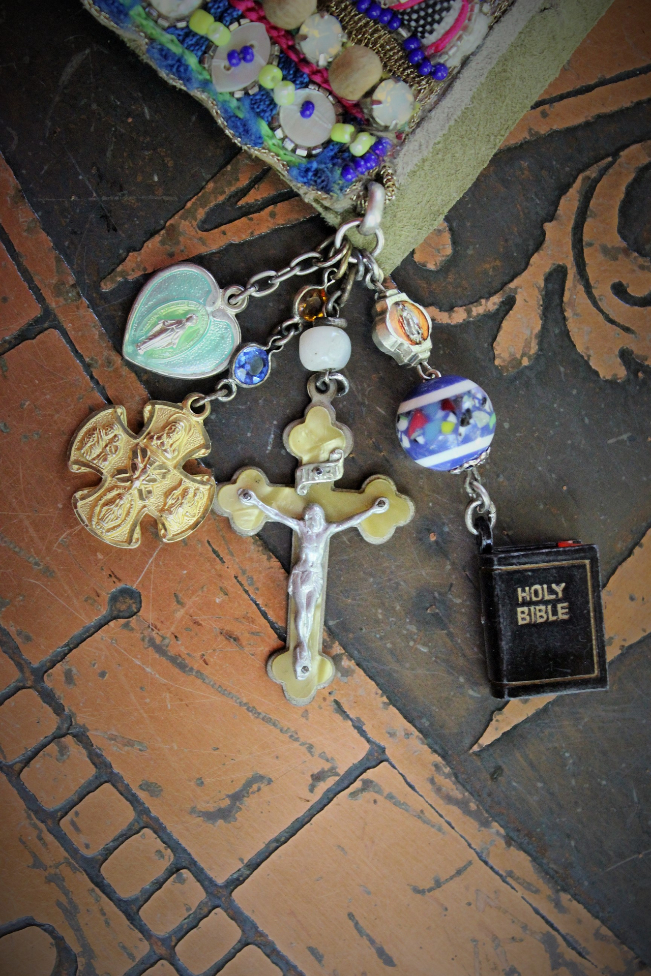 Colorful Bohemian Bracelet with Antique Stanhope Bible Charm, Vermeil Scapular Medal, Antique Mother Mary Heart & More!