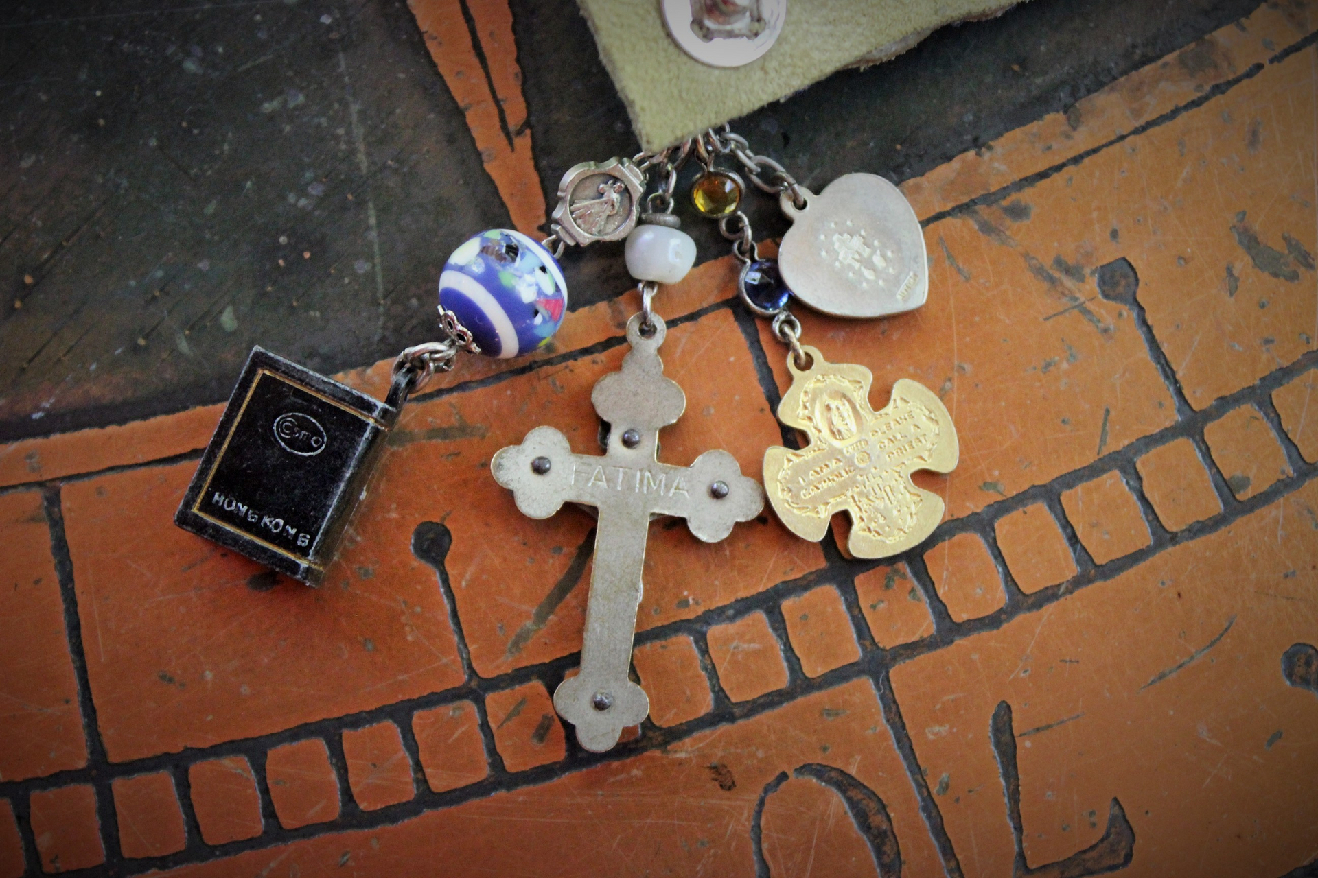 Colorful Bohemian Bracelet with Antique Stanhope Bible Charm, Vermeil Scapular Medal, Antique Mother Mary Heart & More!