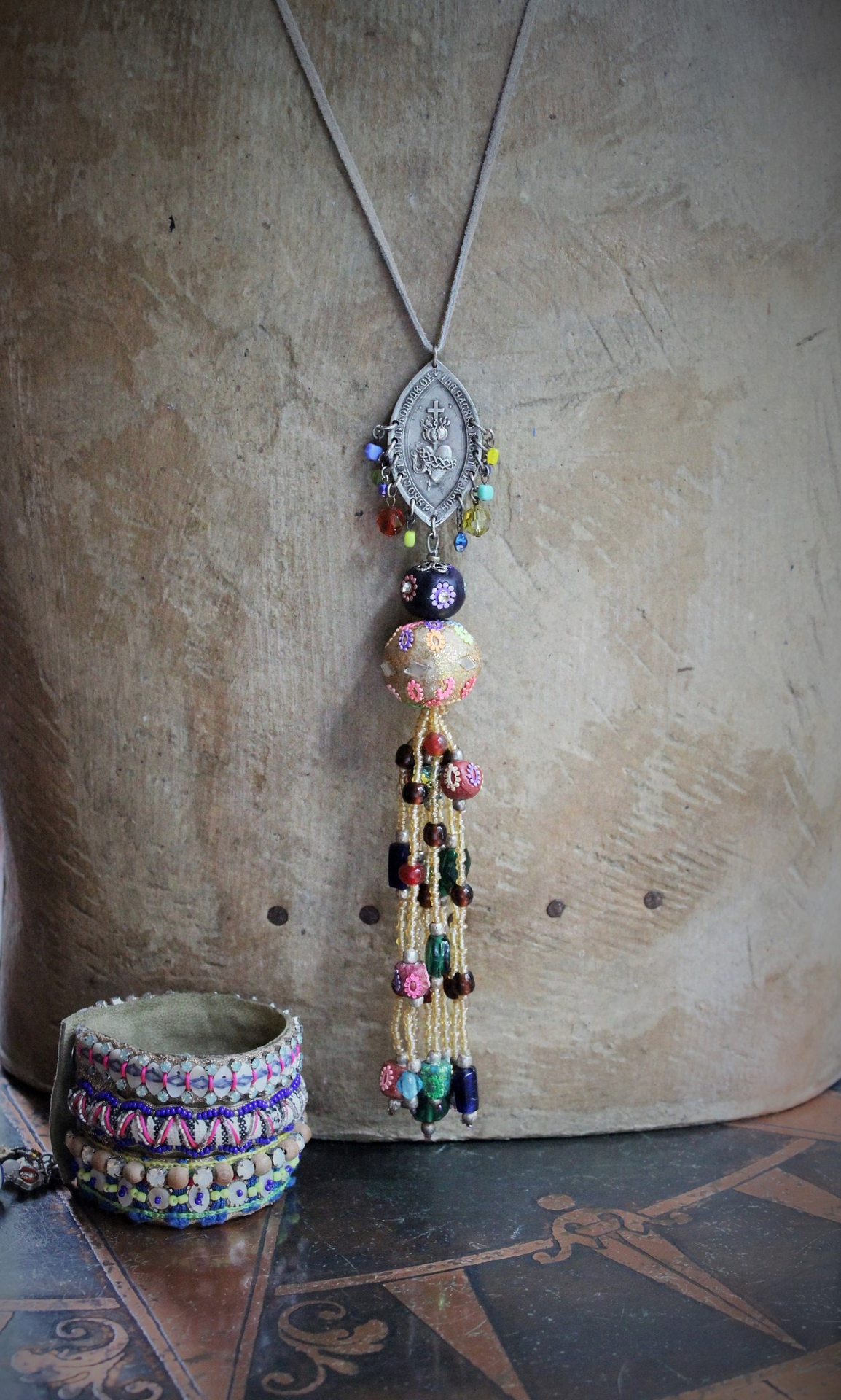 Bohemian Sacred Heart Medal & Beaded Tassel Flapper Length Necklace 