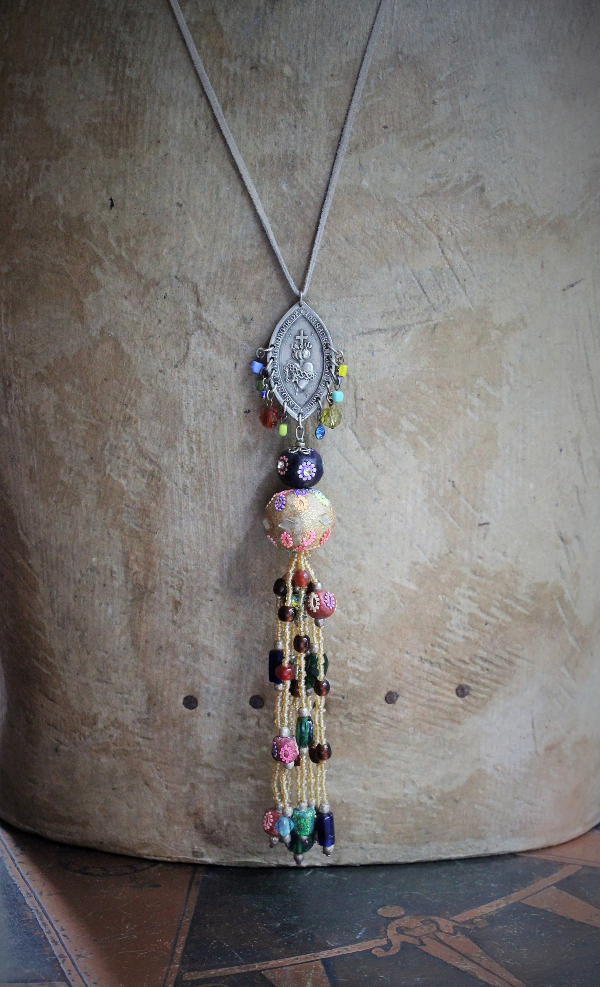 Bohemian Sacred Heart Medal & Beaded Tassel Flapper Length Necklace 