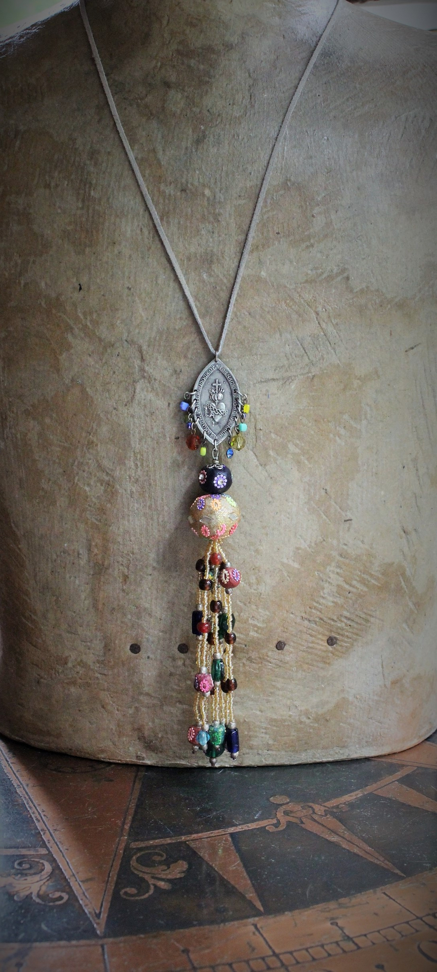 Bohemian Sacred Heart Medal & Beaded Tassel Flapper Length Necklace 