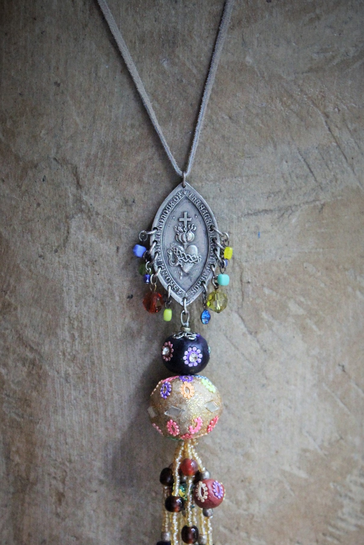 Bohemian Sacred Heart Medal & Beaded Tassel Flapper Length Necklace 