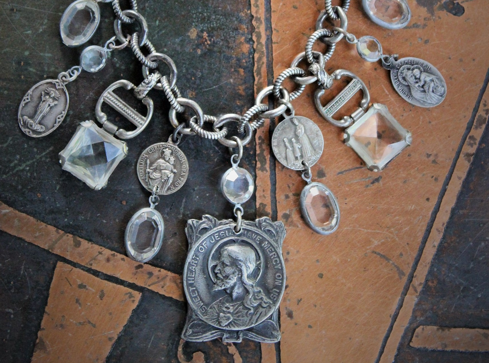 NEW! My Heart is a Place of Prayer Bracelet with Sterling Chain,Rare Antique Sacred Heart of Jesus Medal,Antique French Medals & More!